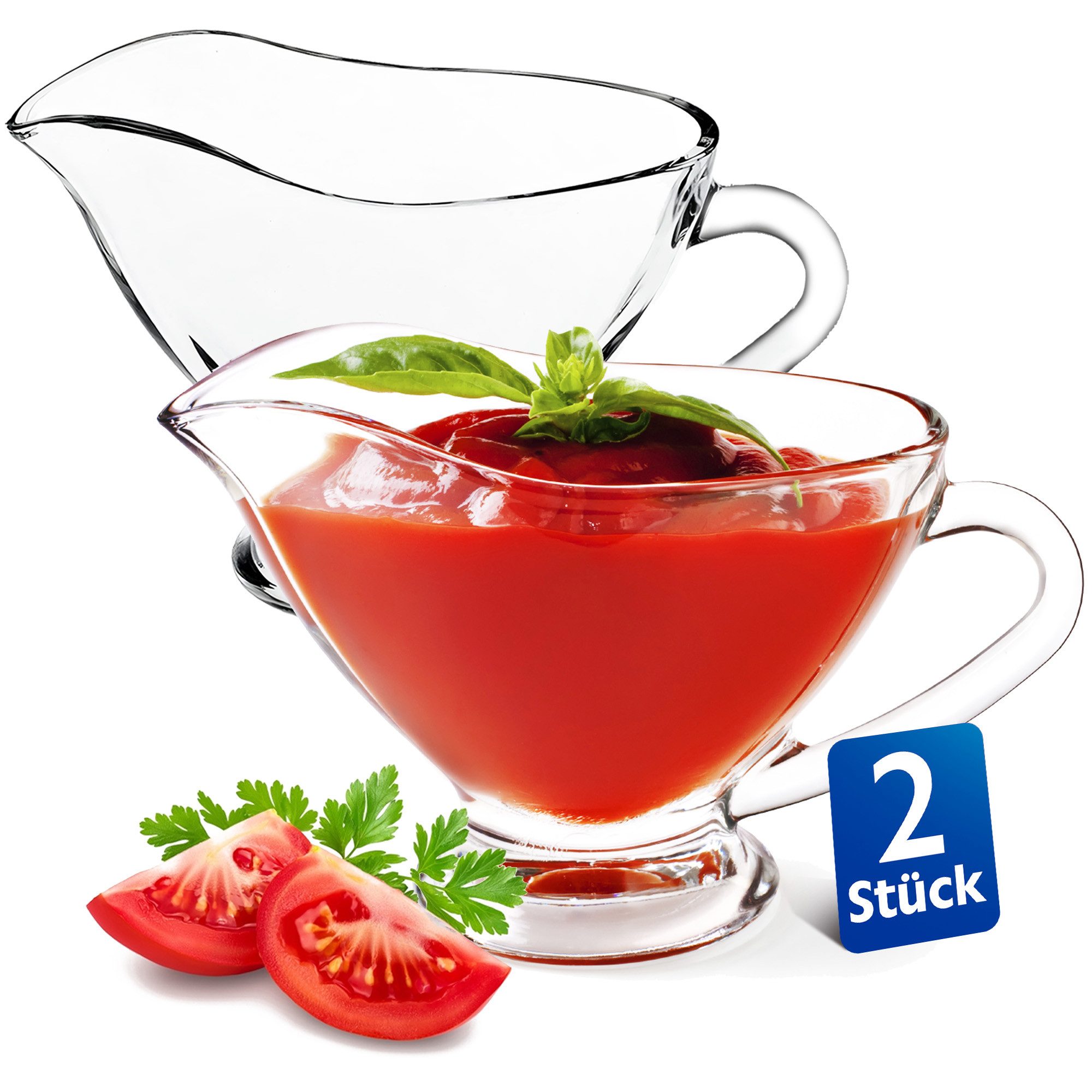 KONZEPT Dipschale Sauciere aus Glas, 2er/ 4er Set, 160 ml, (Transparente Soßenkanne mit Henkel, 2-tlg), Stabil, Ideal für Dressing, Sahne, Soße, Olivöl