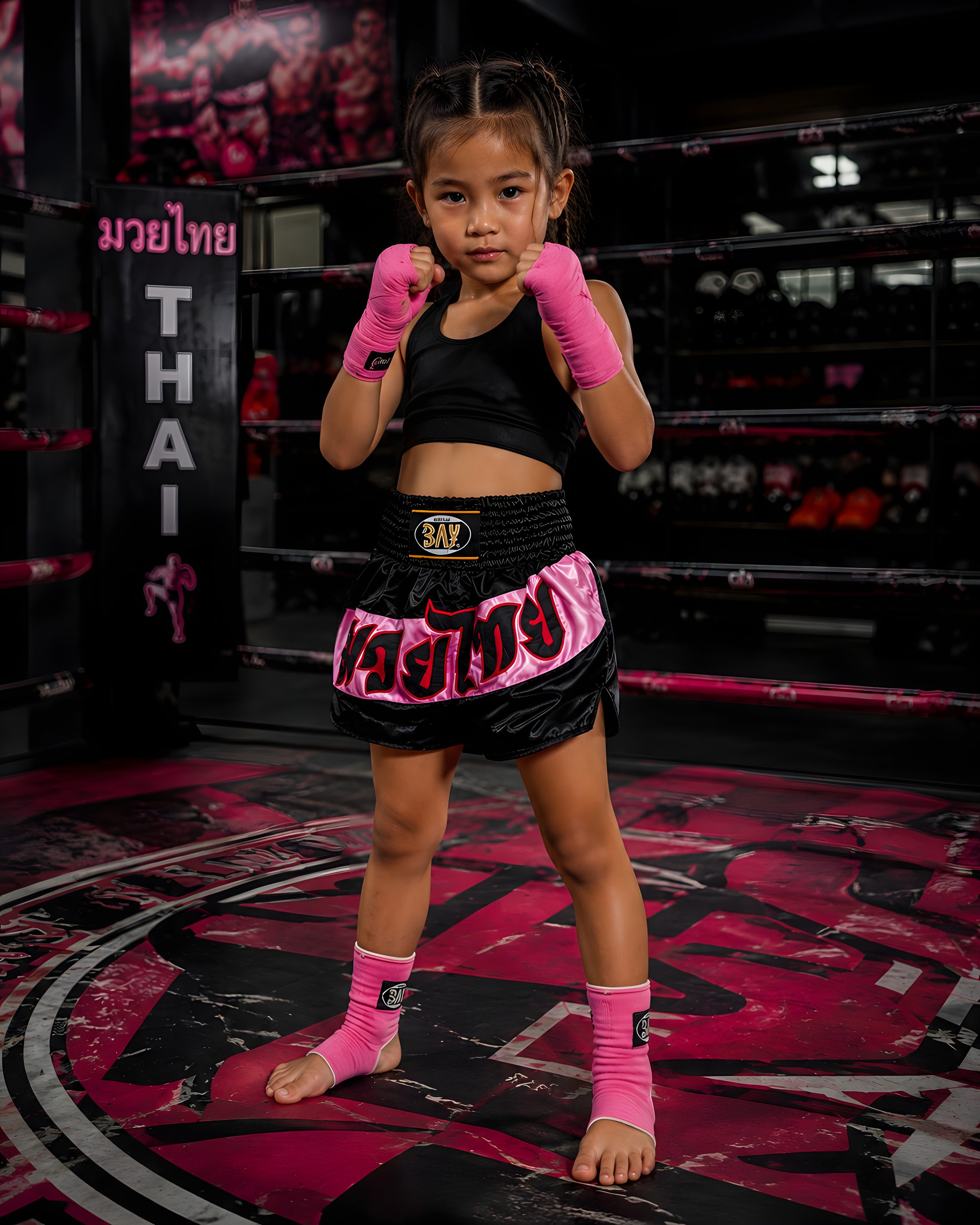 BAY-Sports Sporthose Fashion Thaiboxhose Thaiboxen Hose Shorts Muay Thai Kick schwarz/pink (1-tlg) Kixkboxen, MMA, für Kinder und Erwachsene, Fashion schwarz grau