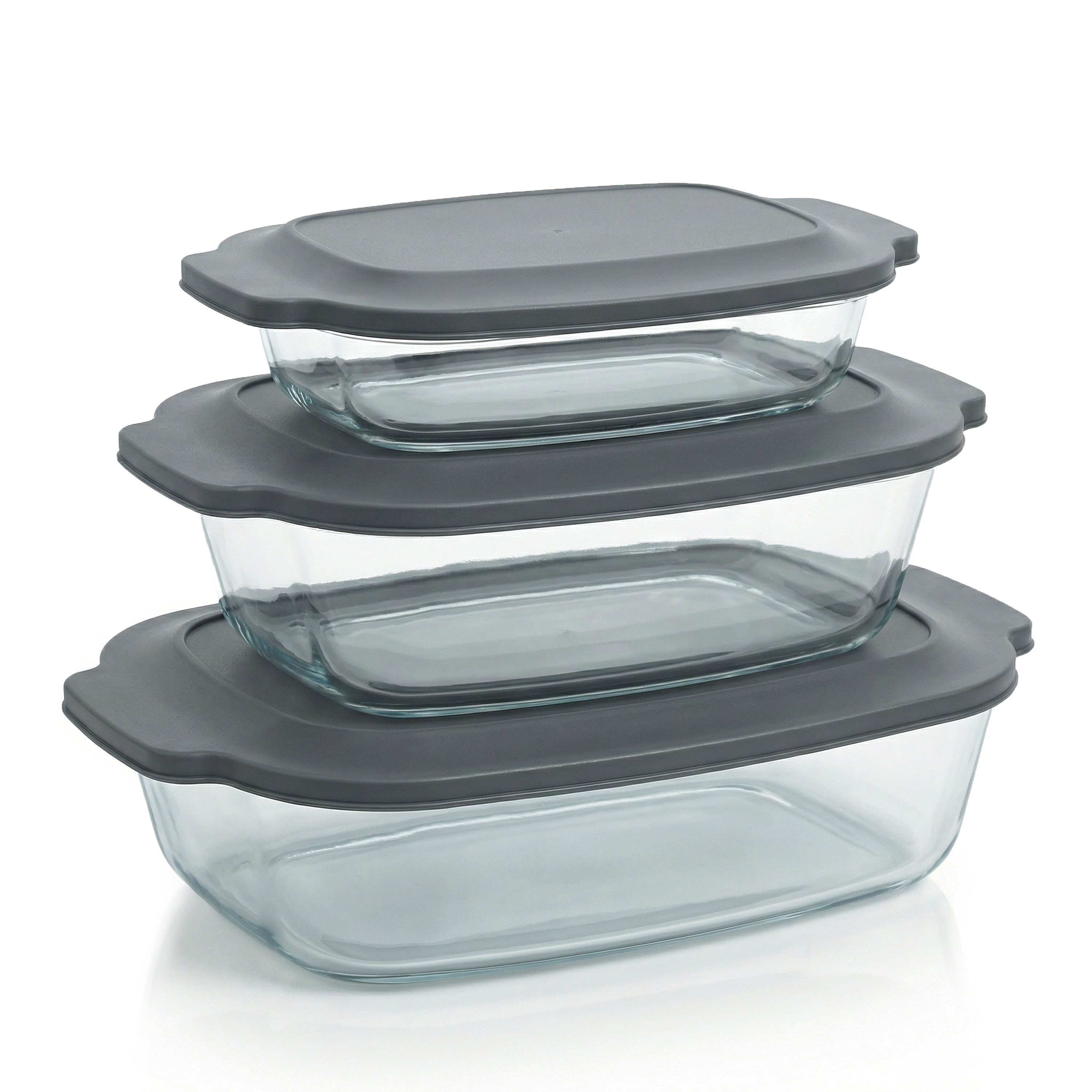 Arendo Auflaufform 3er Set 2000ml, 2700ml & 3800ml mit Deckel & Griffen, stapelbar, Glas, (3-St), Glasbehälter, Borosilikatglas, ofenfest, mikrowellengeeignet, BPA-frei