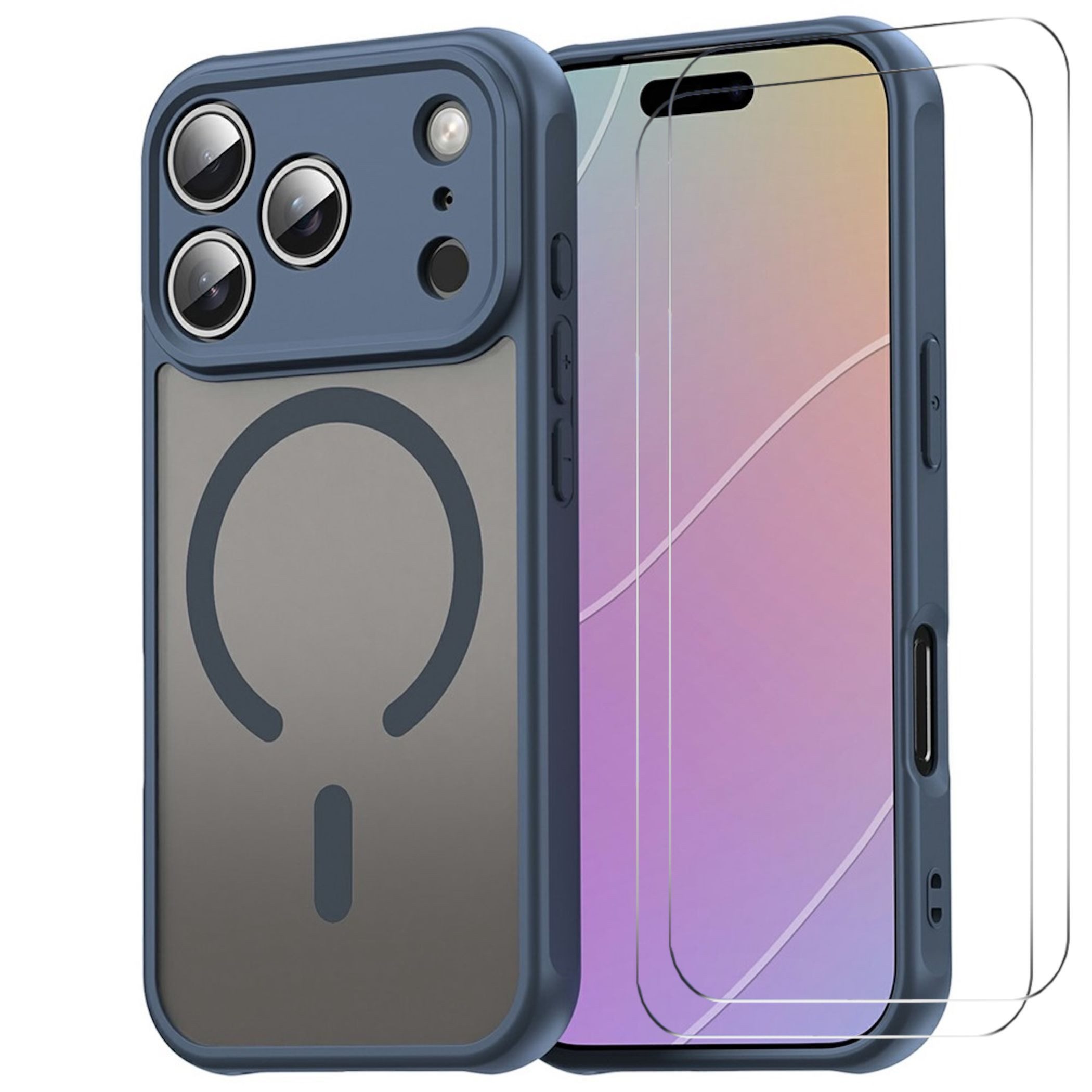 Wigento Handyhülle MagSafe + 2x Schutzglas für Apple iPhone 17 Pro Kameraschutz Blau 6,3 Zoll, Magnetisch, 2x 9H Schutzglas, Durchsichtig, Stoßfest