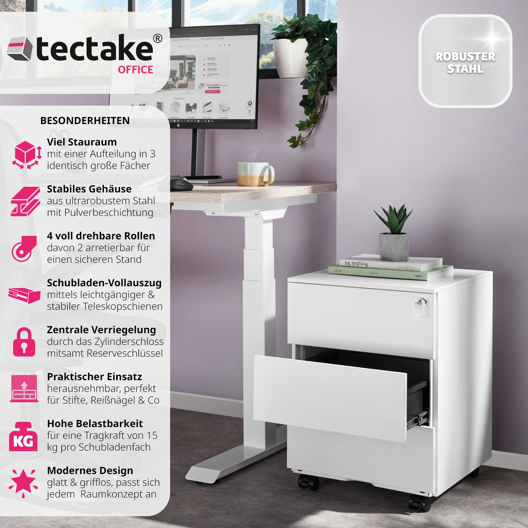 tectake Rollcontainer Aktenrollschrank, aus pulverbeschichtetem Stahl günstig online kaufen