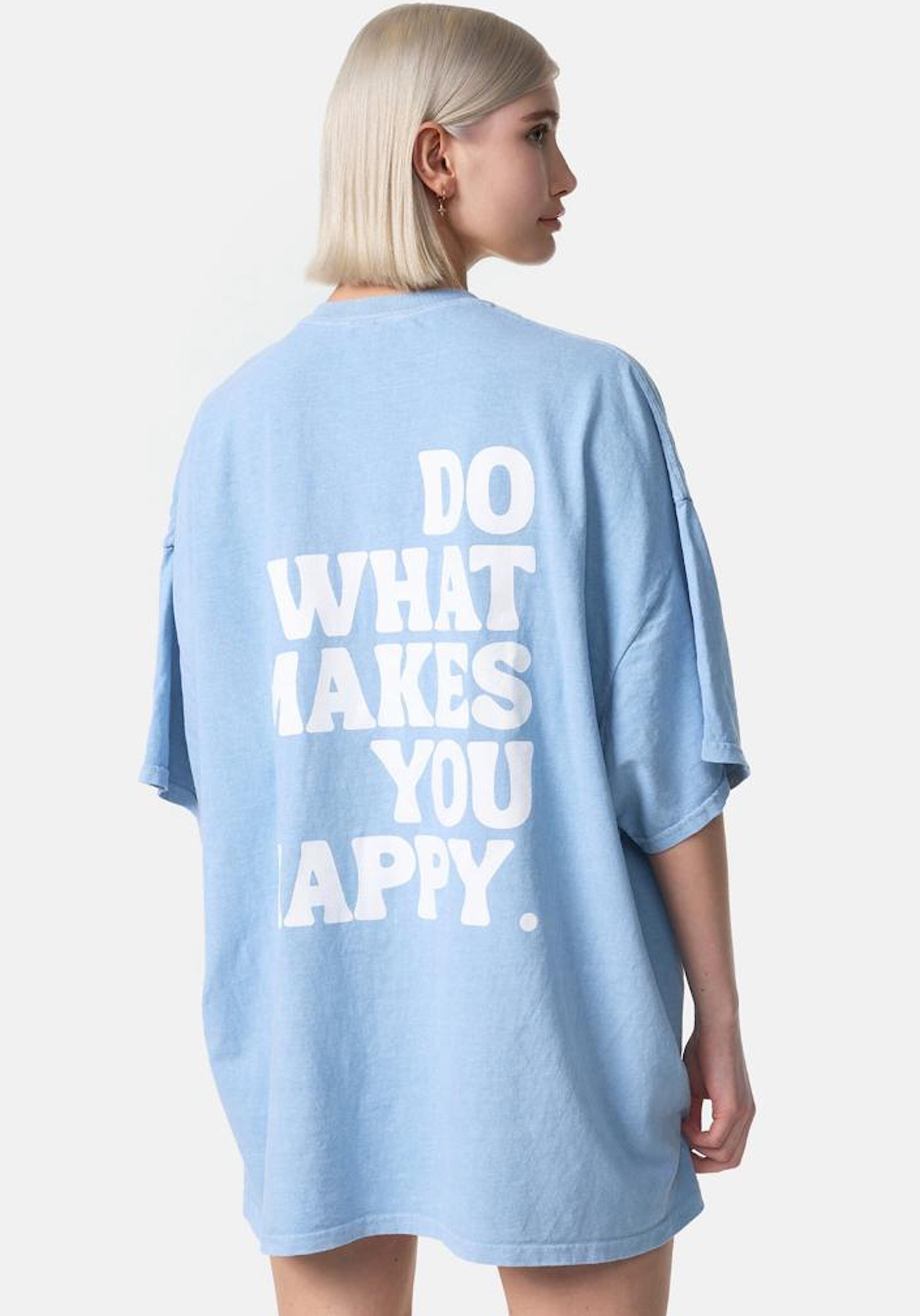 Worldclassca T-Shirt Worldclassca Oversized Print "HAPPY" T-Shirt lang Sommer Tee Oberteil Skyblau