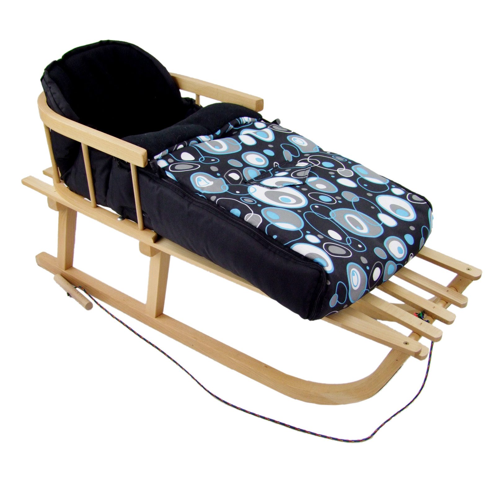 BambiniWelt by Rafael K. Davoser Schlitten HOLZSCHLITTEN mit Rückenlehne Zugleine + WINTERFUßSACK Fleece 108cm