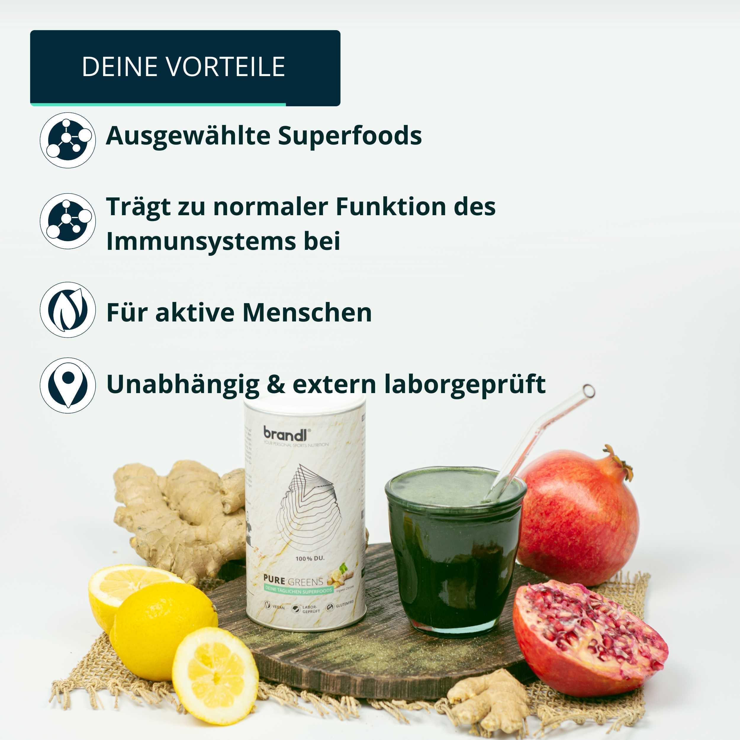 Brandl Nutrition Superfood Pure Greens Pulver mit Ashwagandha, Spirulina uvm. 300g Pulver, Leckeres Smoothie-Bowl-Pulver, Superfoods für die Nährstoffversorgung