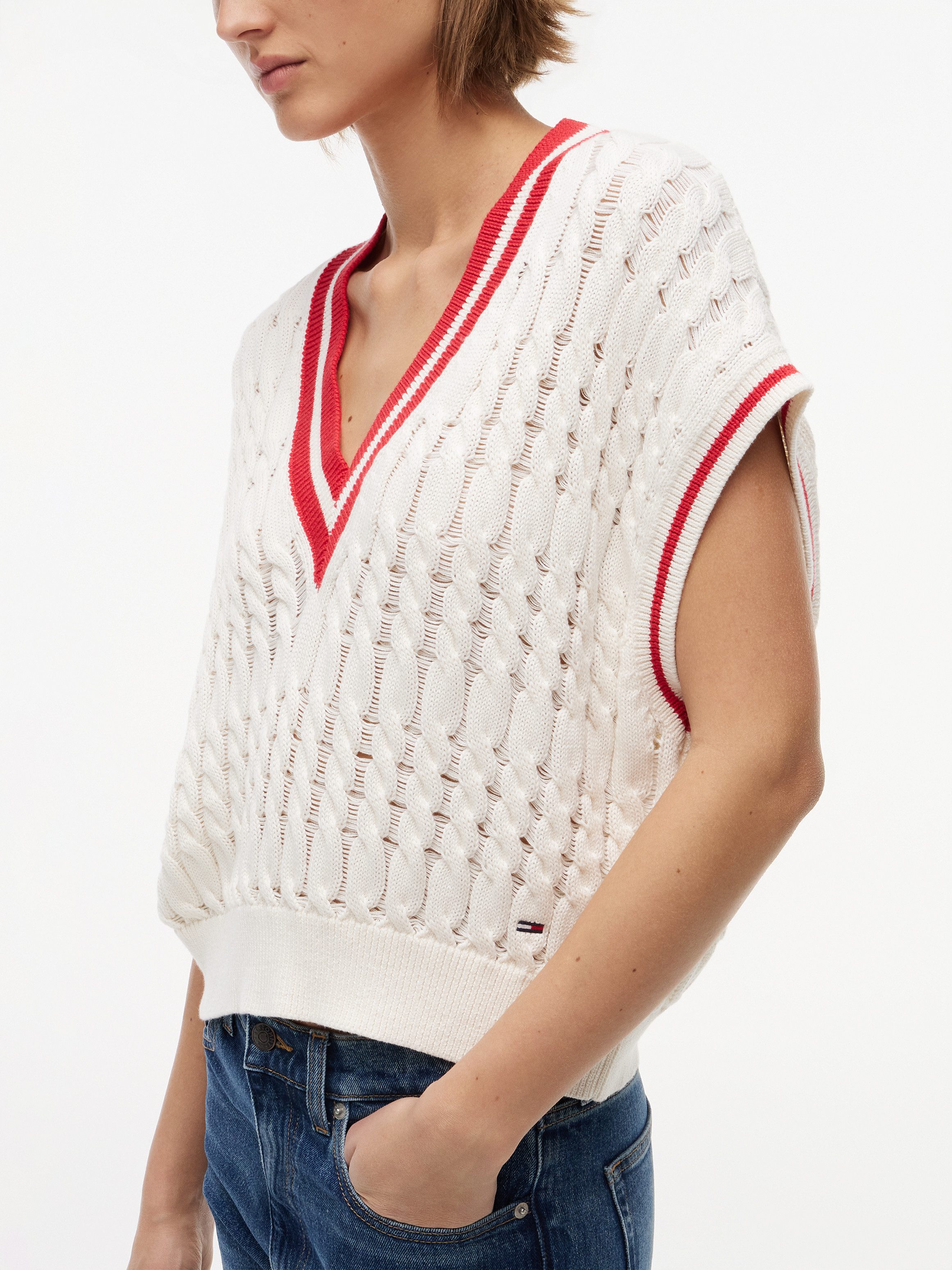 Tommy Jeans Pullunder TJW TIPPING V NECK CABLE VEST Baumwolle, mit Zopfmuster