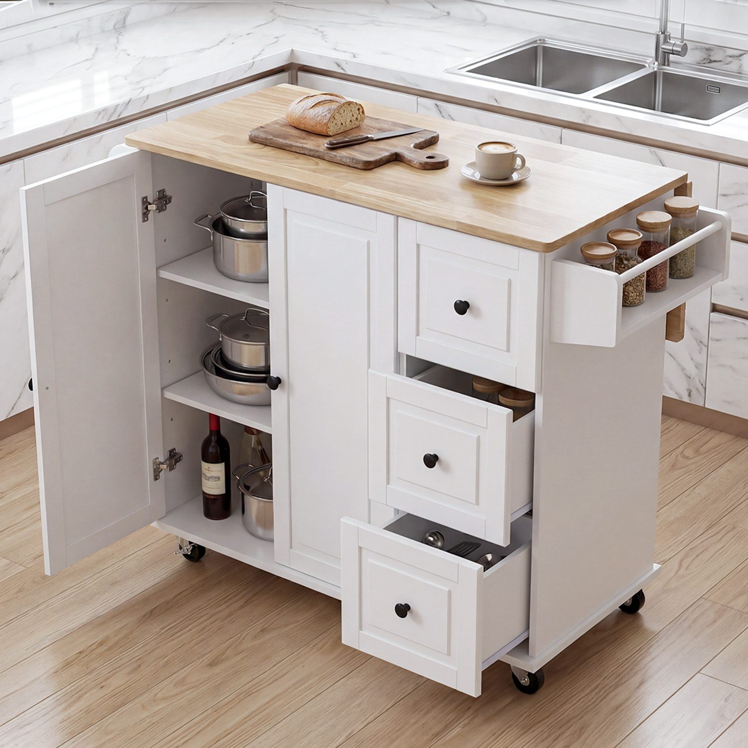 oyajia Küchenwagen mit erweiterbare Arbeitsplatte, Rollen und Handtuchhalter Sideboard, (Kücheninsel Buffetschrank Servierwagen mit verstellbare Ablagen, 1 St., 97 x 40/ 63.5 x 91 cm), mit 3 Schubladen