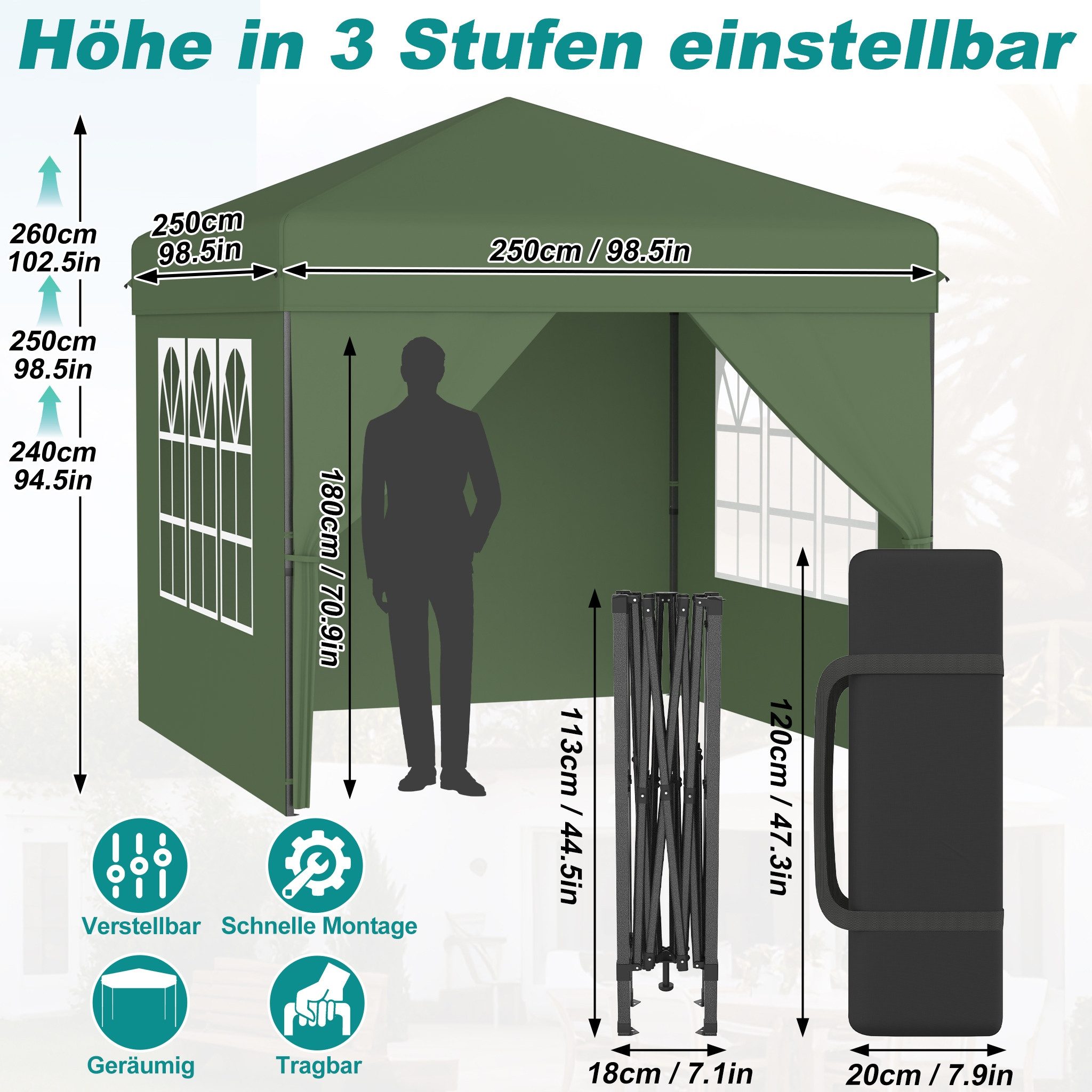 FIVMEN Partyzelt Pop Up Pavillon 2.5x2.5m Stabil Faltpavillon mit 4 Seitenwänden, Partyzelt Faltbar für Hochzeit Innenhof Höheverstellbar 240-260cm