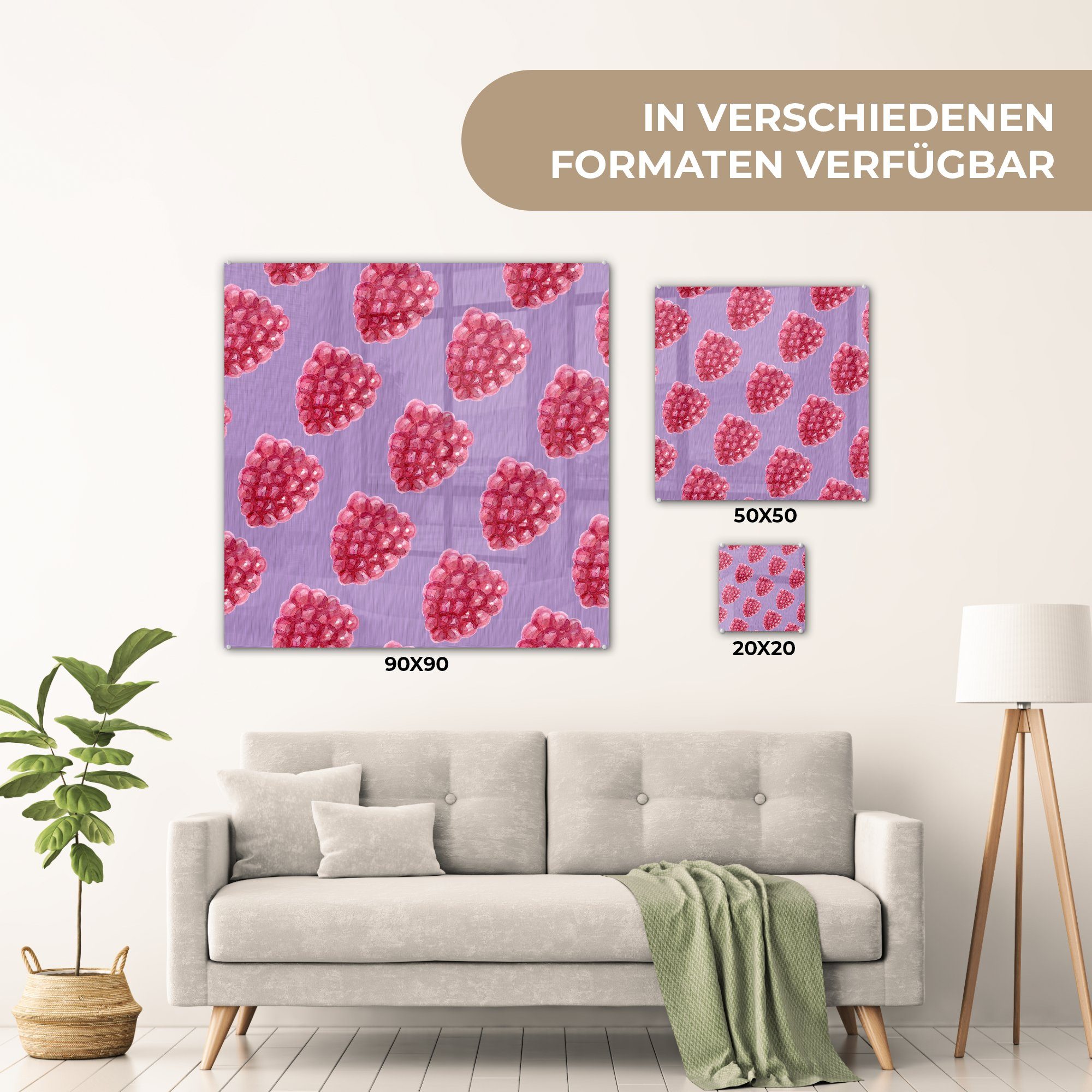 - auf - MuchoWow Glasbilder Wandbild Obst Glas Lila auf Bilder St), - Foto Wanddekoration Glas Acrylglasbild - Himbeere (1 Vorlagen, - -