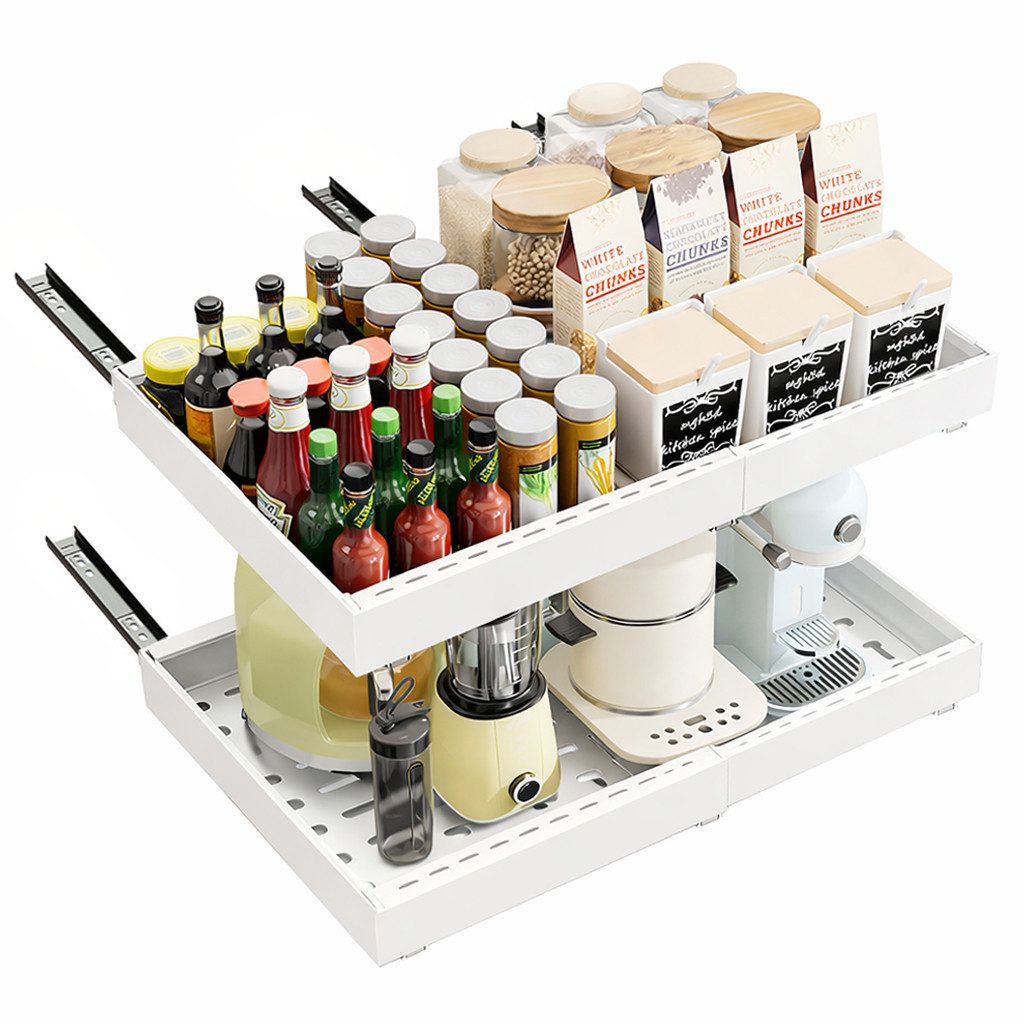 PFCTART Küchenorganizer-Set Küchenschrank Organizer aus Kohlenstoffstahl–Vorratsorganizer & Auszug, (Set, 2-tlg., Für Küche, Bad & Vorrat – Platzsparender Schrankorganizer), Breitenverstellbar 32–52 cm – Teleskopschublade ohne Bohren