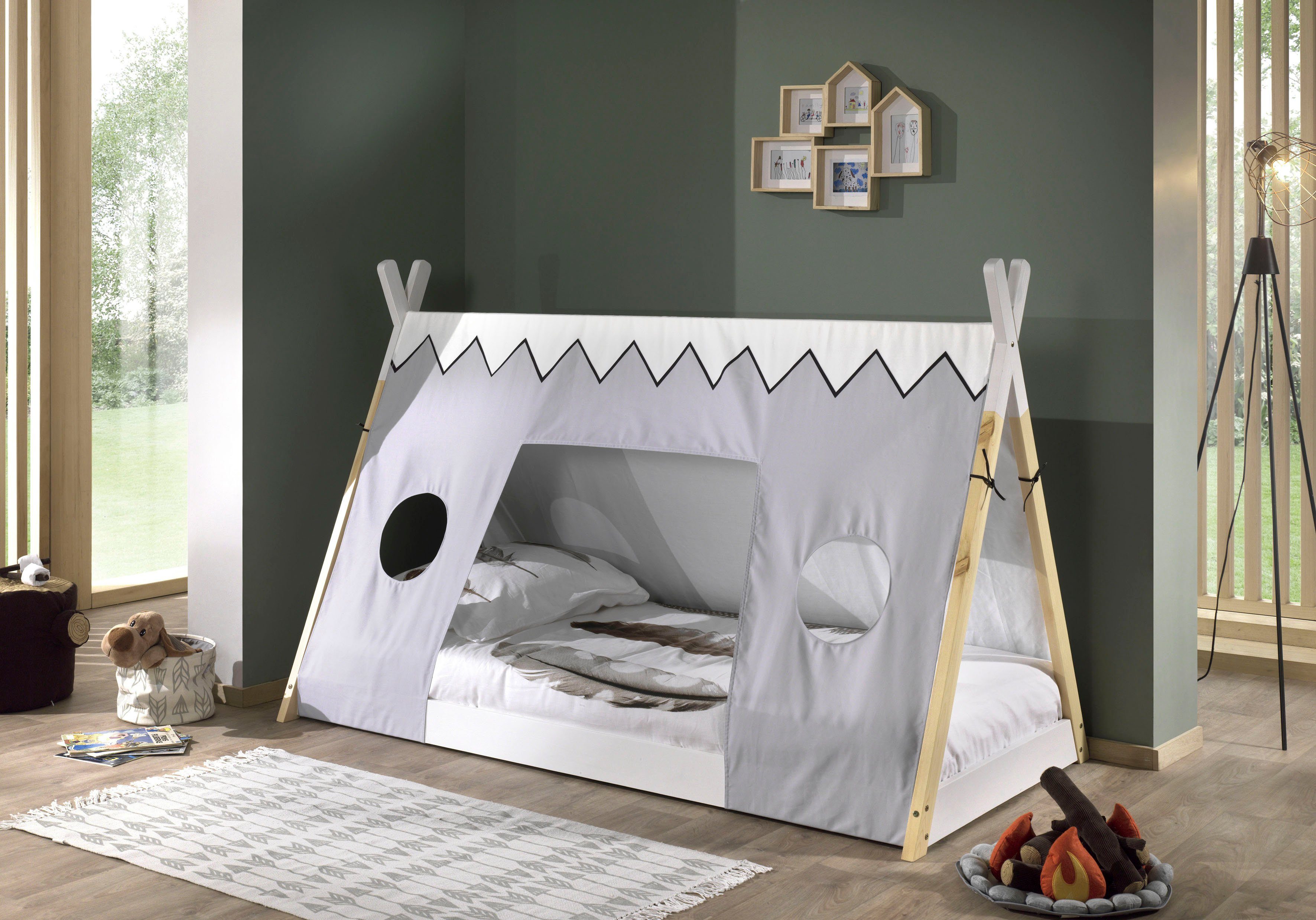 Vipack Kinderbett TIPI, Kiefer massiv, 2-farbig lackiert, mit Rolllattenrost (B/H/T ca. 206x134,5x105,5cm, mit Textil-Zeltdach), niedriger Betteinstieg, stabil gebaut