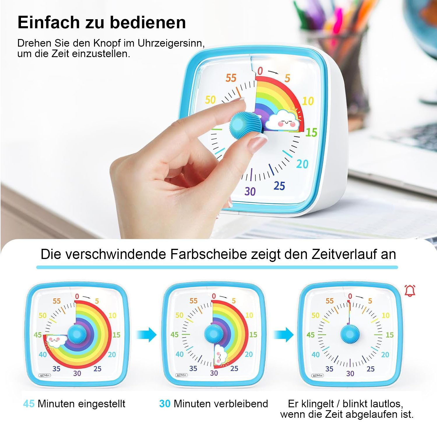 AIMAX Intervall-Timer Visueller Timer 60 Minuten Regenbogen Countdown Timer (für Kinder & Erwachsene Zeitmanagement Tool, mit Stummer Flash Funktion), für Klassenzimmer, Haus, Küche, Büro