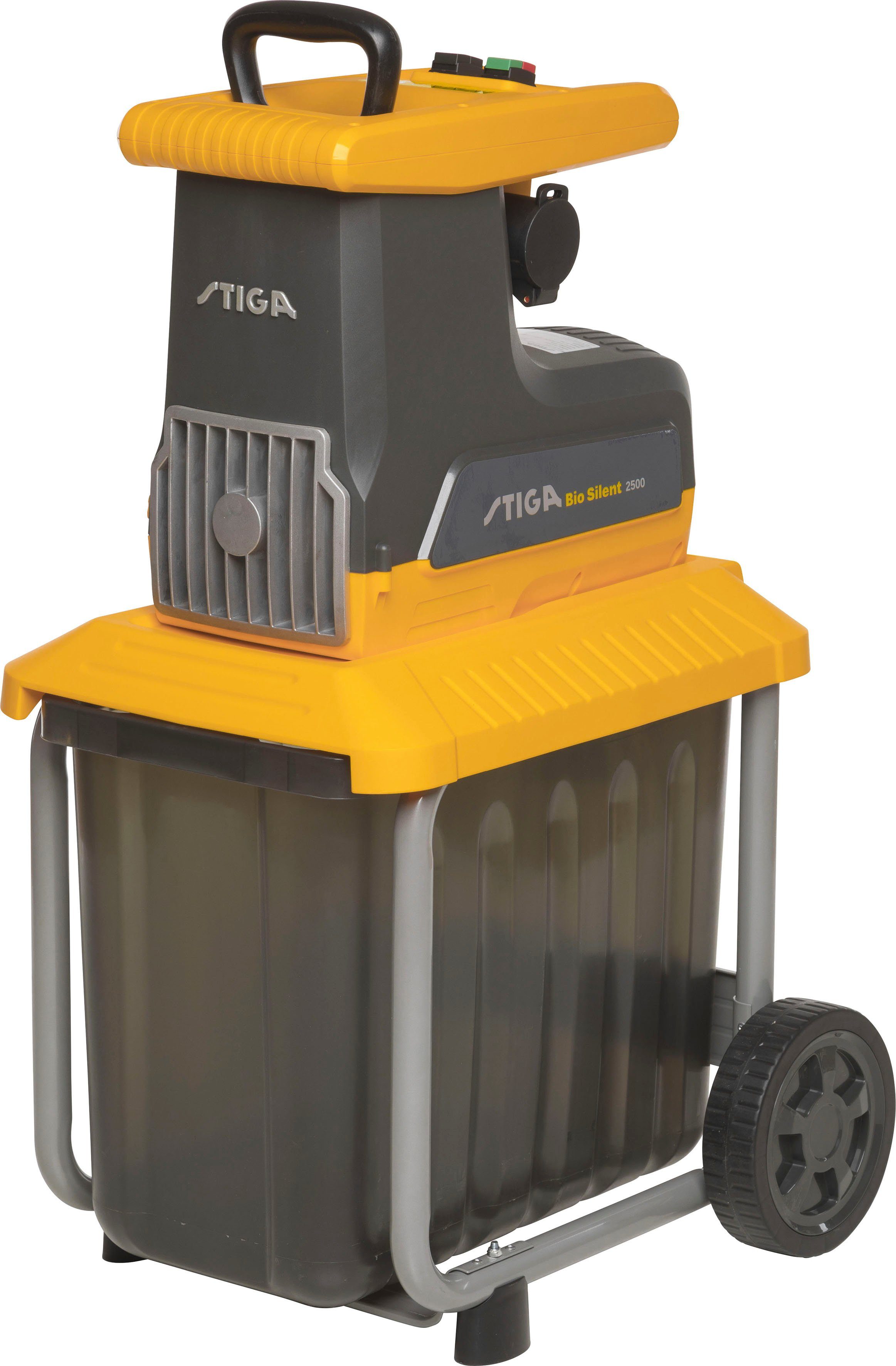STIGA GARDEN Leisehäcksler Bio Silent 2500, 4 cm max. Astdurchmesser, 2500 W, leise Walzentechnik, mit Stopfer und Rücklauffunktion