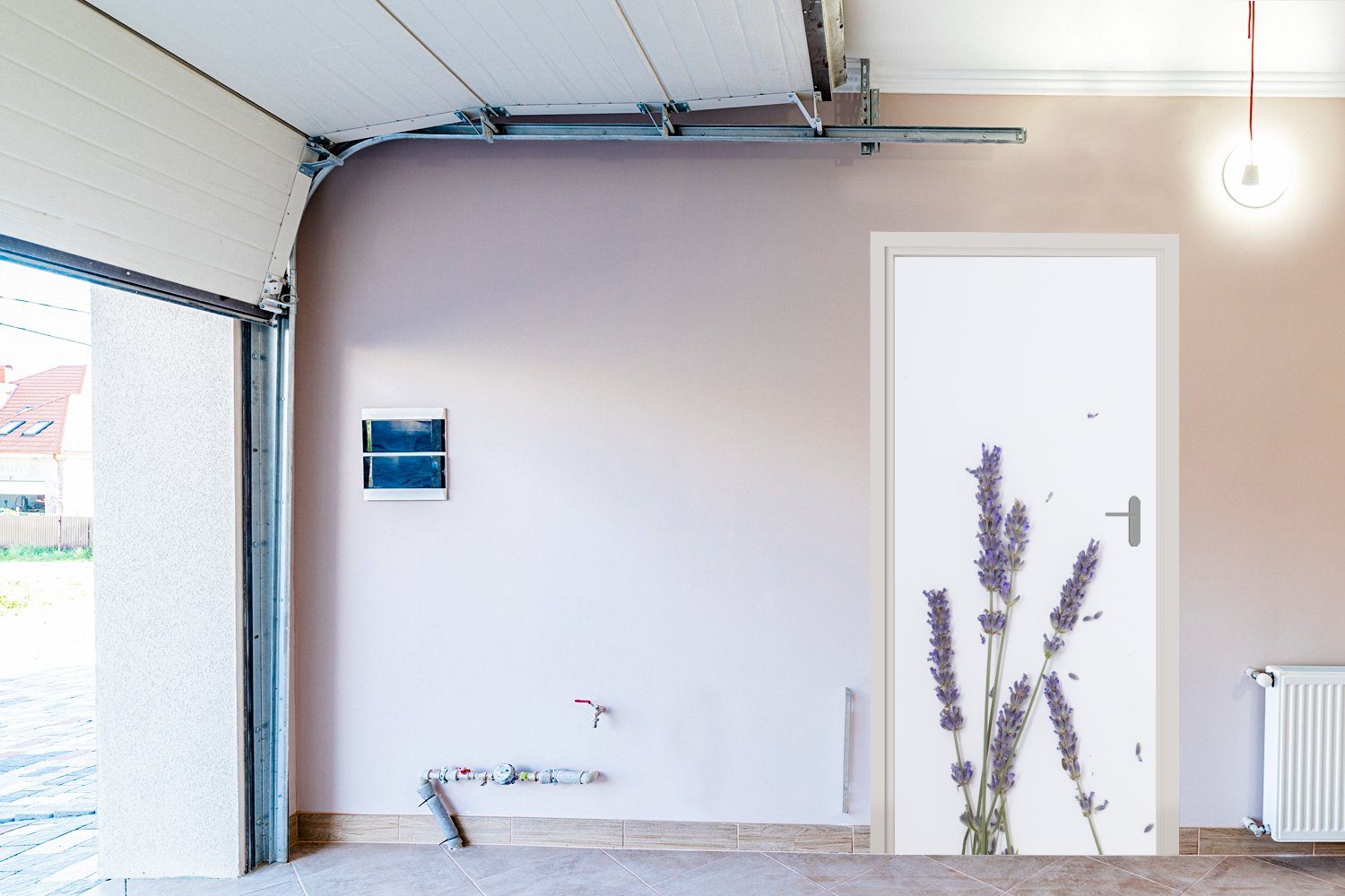 Türaufkleber, MuchoWow Himmel, (1 Kleine cm Lavendelblüten Matt, Fototapete bedruckt, gegen Türtapete für lilafarbene grauen Tür, St), einen 75x205