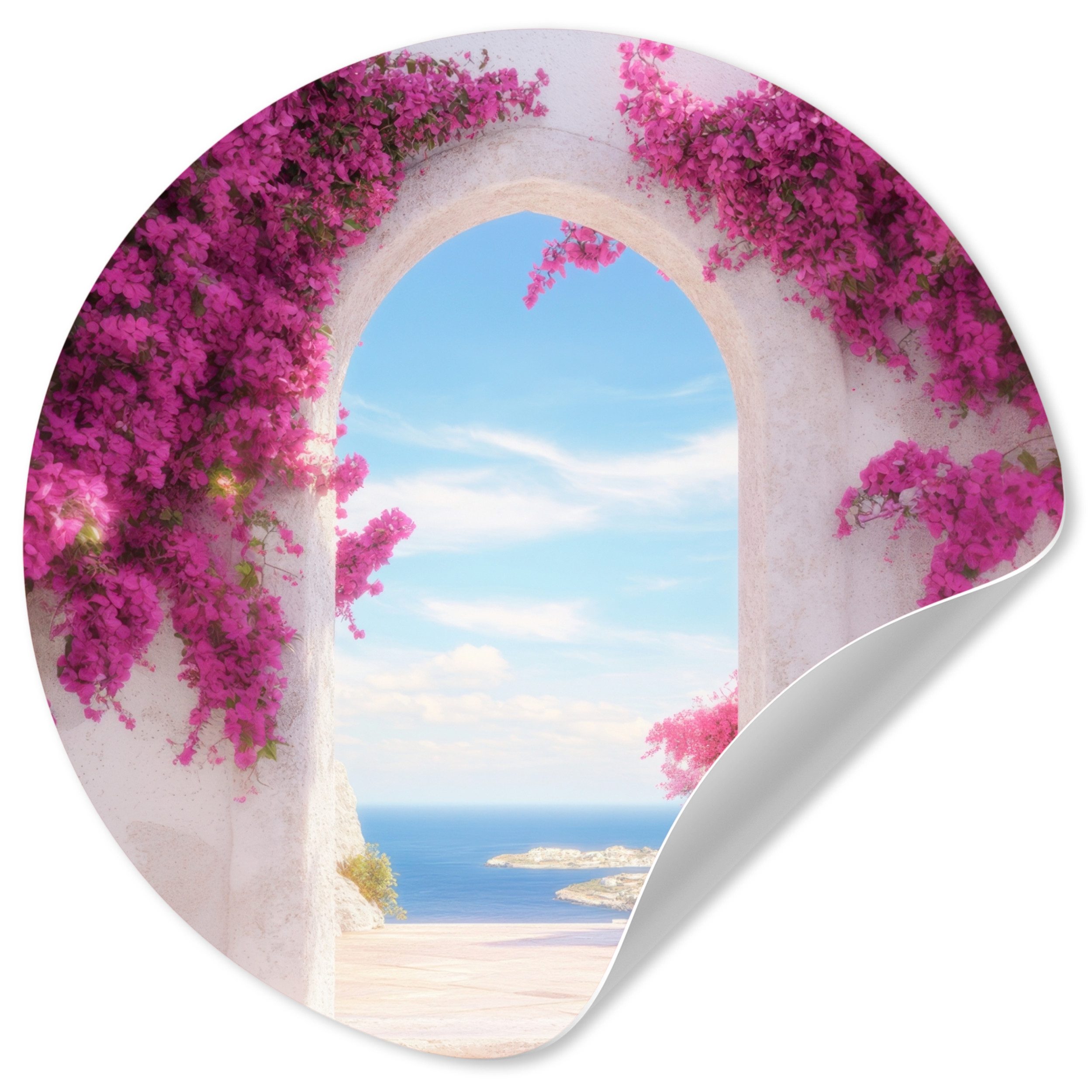 MuchoWow Wandsticker Meer - Rosa - Blumen - Tor (1 St), Wandtattoo Selbstklebend, Wohnzimmer Deko Aufkleber, 30x30 cm