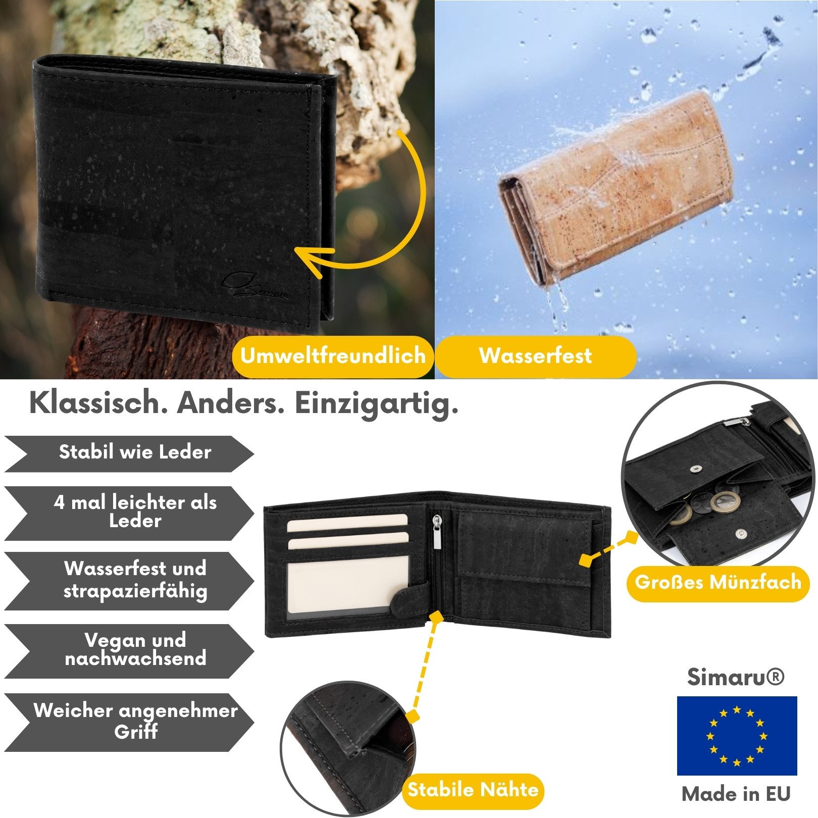 Simaru Geldbörse Principe, Portmonee aus Kork, veganer RFID-Schutz, wasserdicht und langlebig