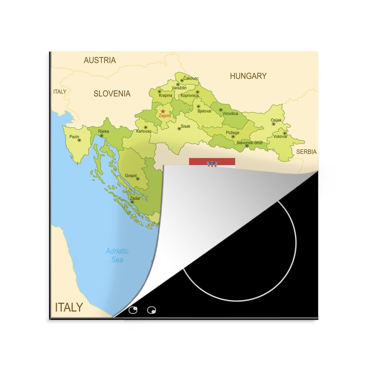 MuchoWow Herdblende-/Abdeckplatte Karte von Kroatien mit der Flagge, Vinyl, (1 tlg), 78x78 cm, Ceranfeldabdeckung, Arbeitsplatte für küche