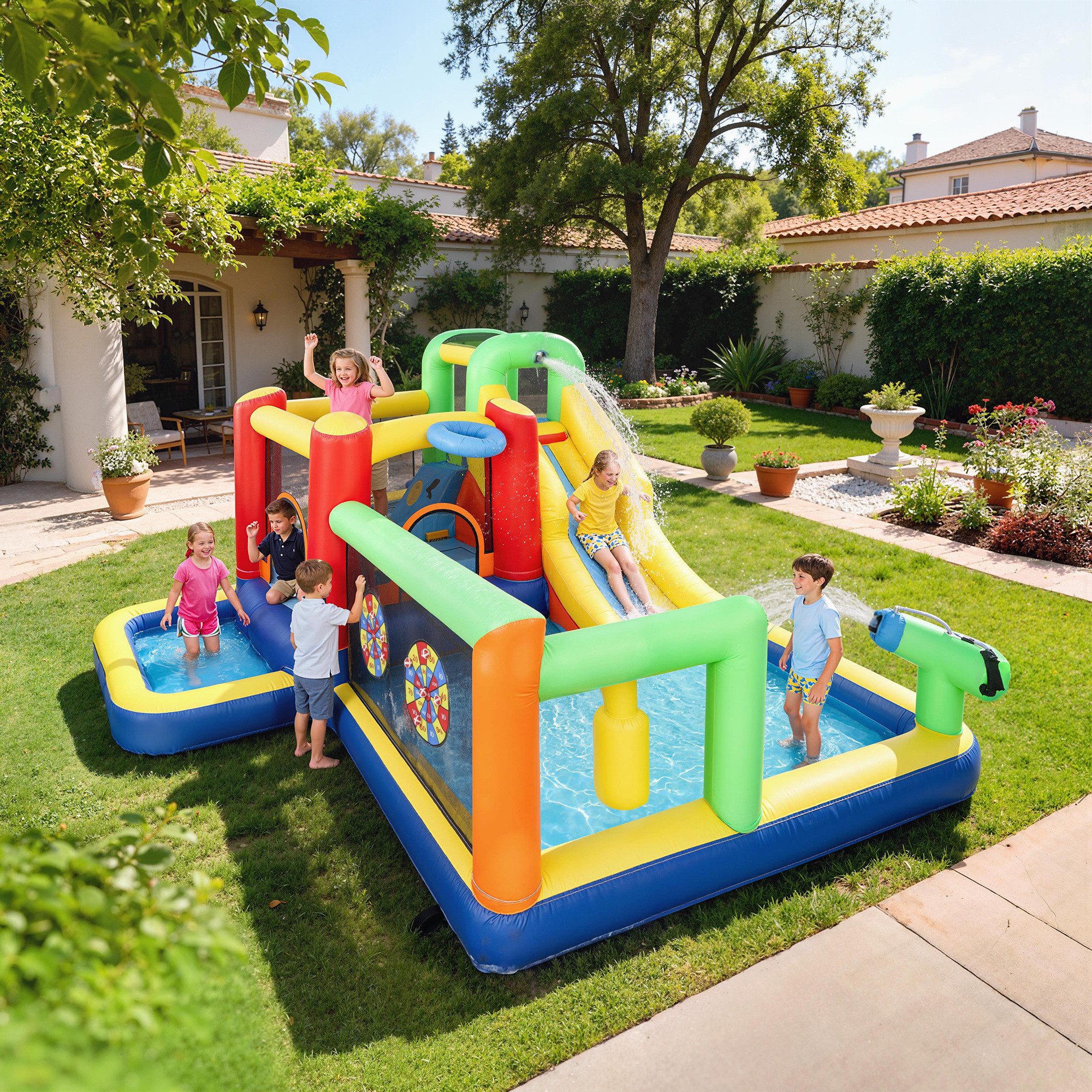 AIYAPLAY Hüpfburg mit Rutsche Planschbecken Wasserpistole Kletterwand Basketballkorb, (Wasserspielcenter, 1-tlg., 9-in-1 Aufblasbare Wasserpark), für 3-8 Jahre Kinder für Indoor Outdoor 330x290x185 cm