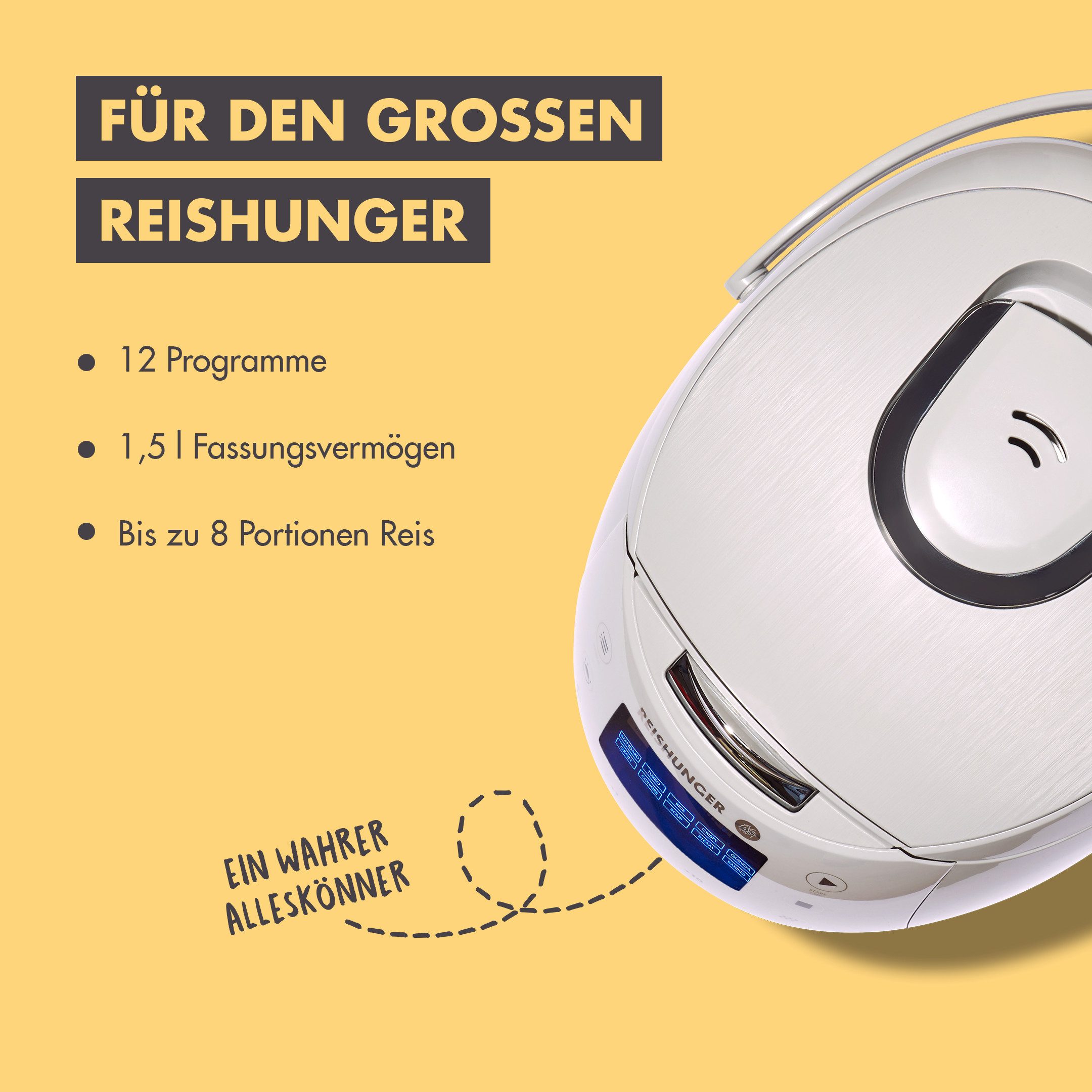 Reishunger Reiskocher - Digitaler Reiskocher & Dampfgarer, 860 W, Timer- und Warmhaltefunktion, 7-Kochphasen-Technologie, LED-Display