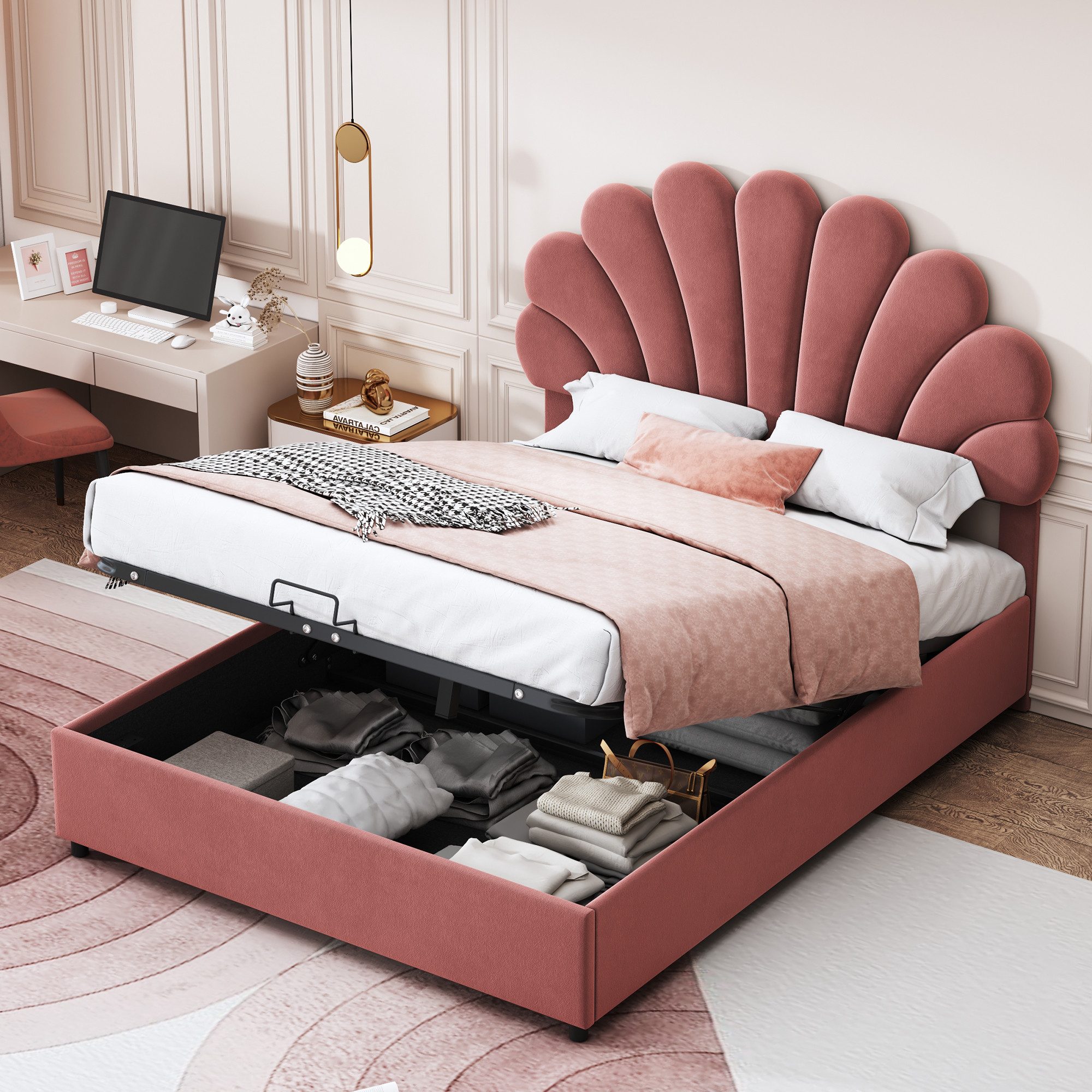 BlingBin Polsterbett Jugendbett Einzelbett Gästebett Bettrahmen mit blütenförmigem Kopfteil (1er Set, 1-tlg., Jugendbett 140 x 200 cm), mit höhenverstellbarem Kopfteil und hydraulischem Stauraum, Samtstoff