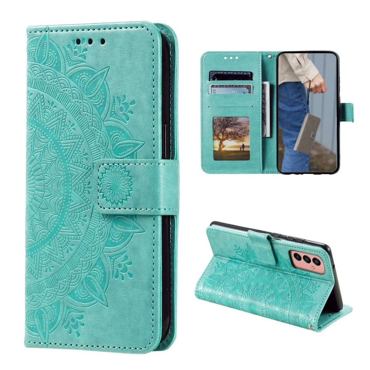 CoverKingz Handyhülle Hülle für Samsung Galaxy A14 4G/5G Handyhülle Flip Case Cover Etui 16,72cm (6,6 Zoll), Klapphülle Schutzhülle mit Kartenfach Schutztasche Motiv Mandala