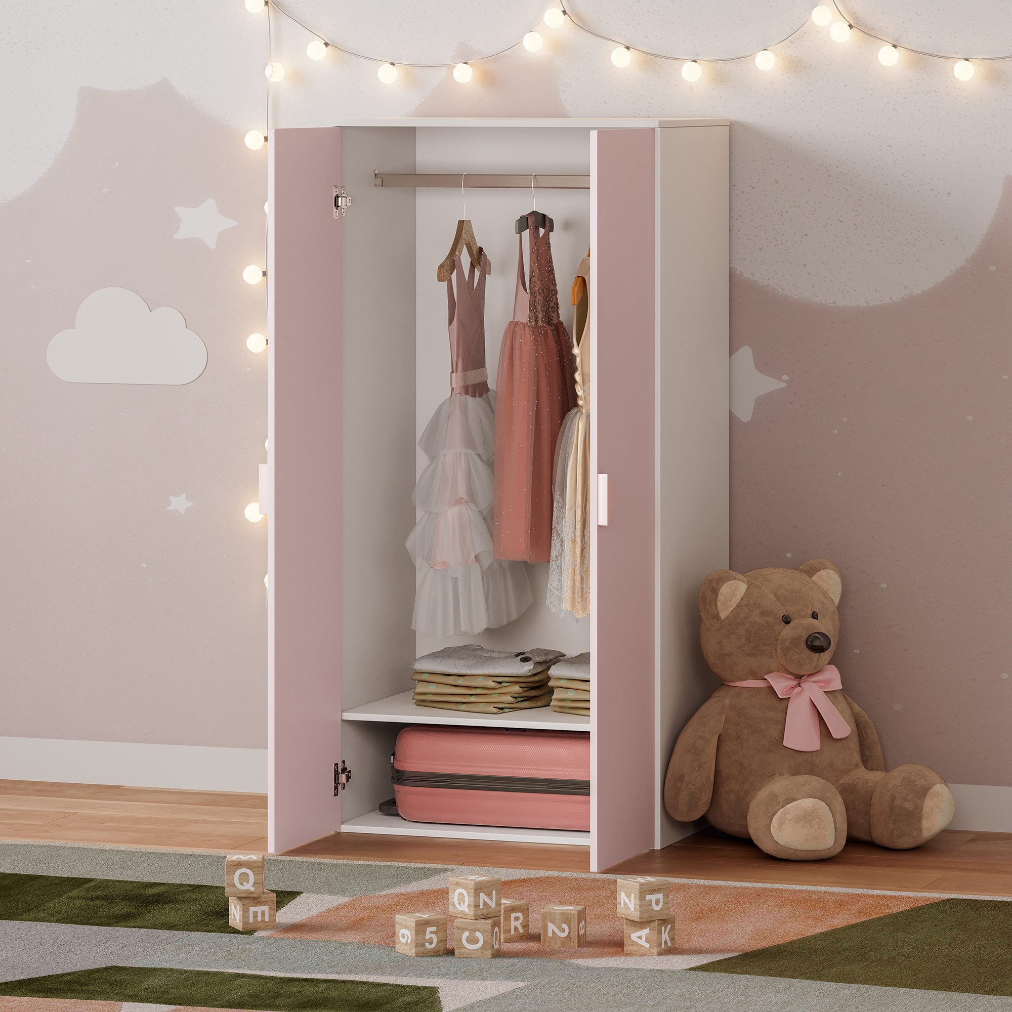 en.casa Kinderkleiderschrank »Sandnes« mit 2 Türen 123 x 60 x 40 cm Weiß/Ro günstig online kaufen