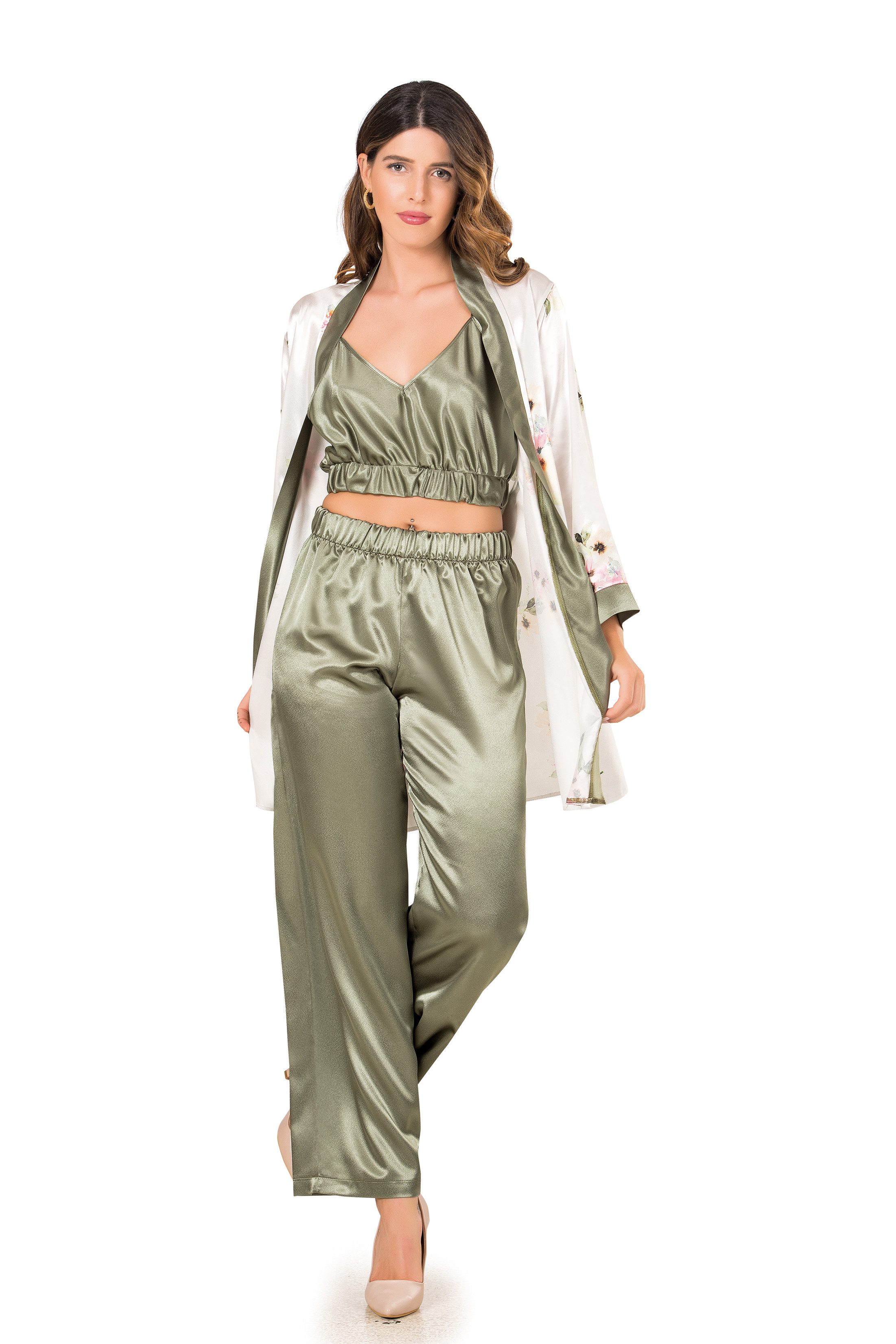 Pyjama Satin Damen Pyjama 3-teilig – Top, Hose & Morgenmantel