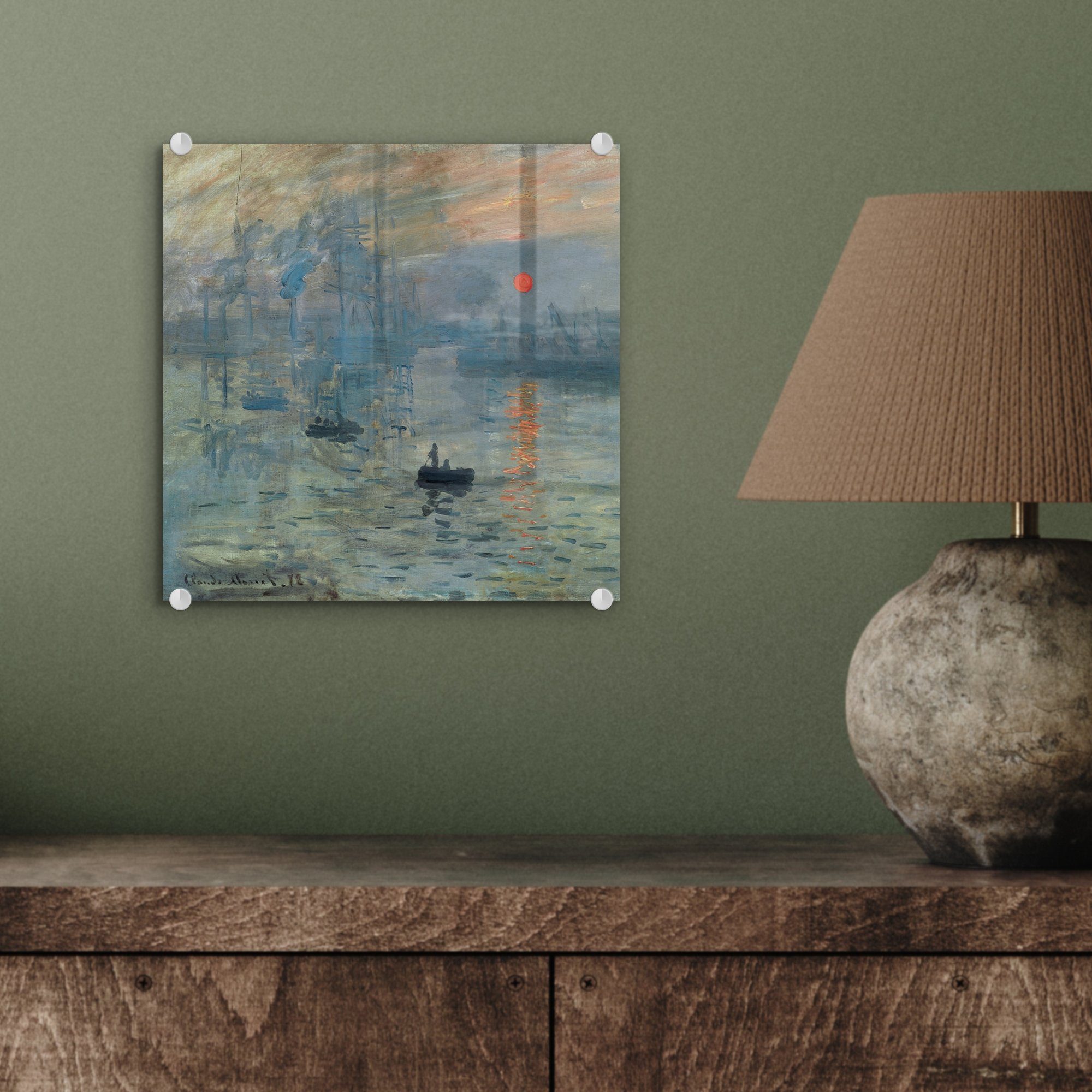 Monet, Glas auf Sonnenaufgang Wanddekoration - - Impression, Acrylglasbild Claude Wandbild MuchoWow Glasbilder Foto Glas - St), (1 - auf Bilder