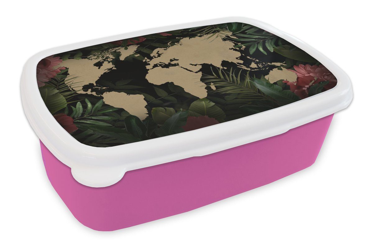 - Blumen rosa für MuchoWow Weltkarte Brotbox Brotdose (2-tlg), Erwachsene, Kunststoff Kinder, Pflanzen, - Kunststoff, Tropische Lunchbox Mädchen, Snackbox,