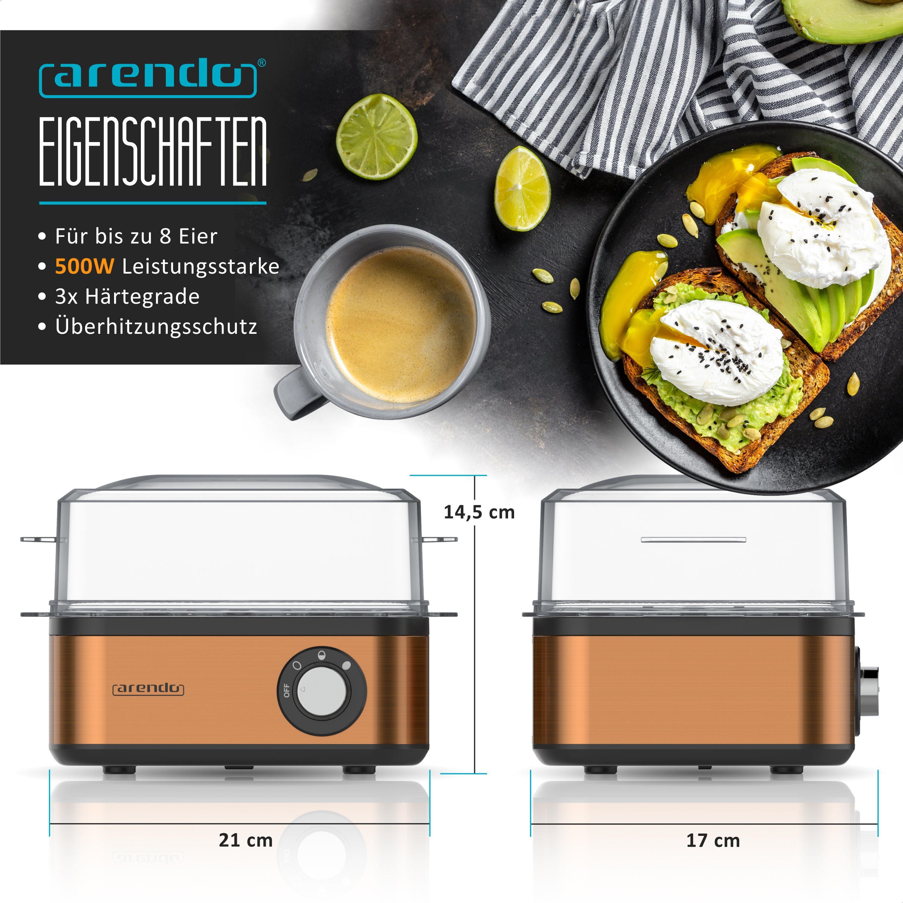 Arendo Eierkocher 8-fach, Edelstahl, frei wählbarer Härtegrad, mit Warmhaltefunktion, Anzahl Eier: 8 St., 500 W, für 1 bis 8 Eier, Drehregler für 3 Härtegrade, spülmaschinengeeignet