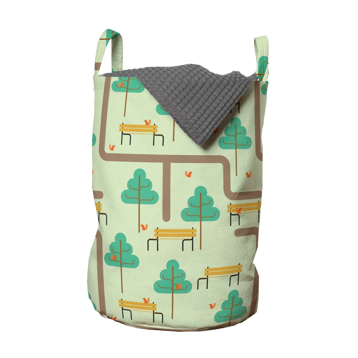 Abakuhaus Wäschesäckchen Wäschekorb mit Griffen Kordelzugverschluss für Waschsalons, Tier Bench Bäume Eichhörnchen Motive