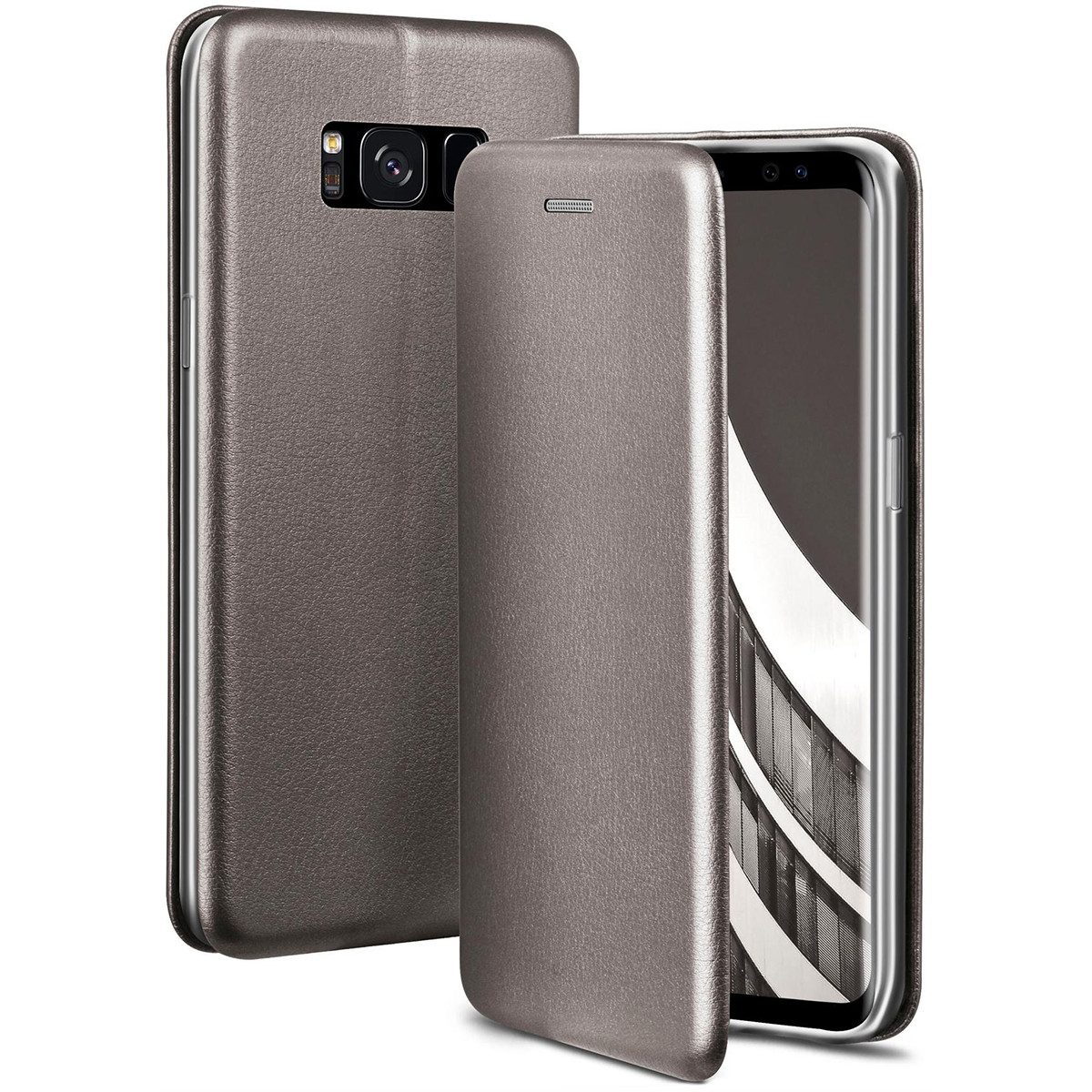 ONEFLOW Handyhülle für Samsung Galaxy S8 Premium Hülle Business Cover Grau 5,8 Zoll, 360 Grad Schutzhülle Flip Case Etui Klapphülle Dünn Leder Handy Tasche