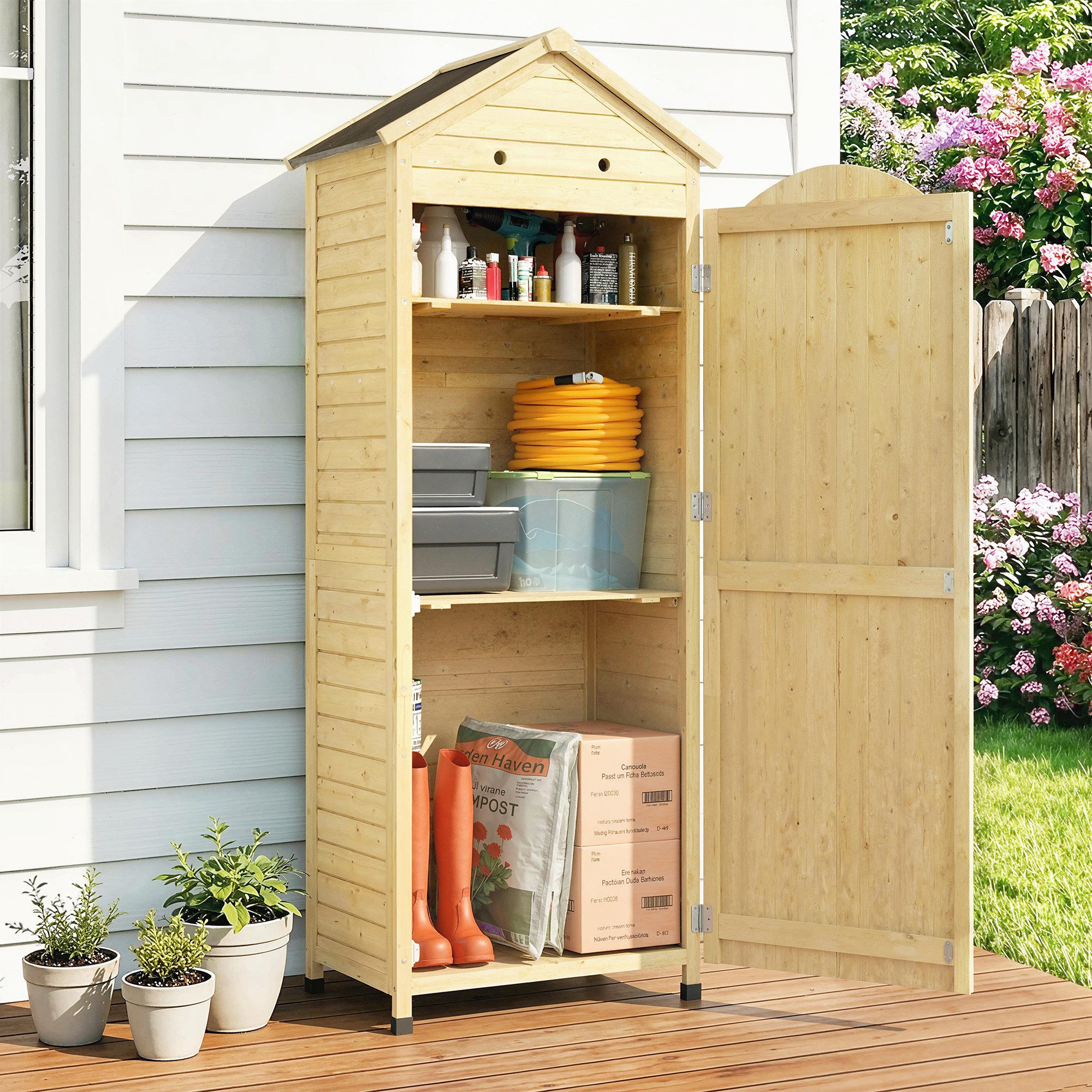 Outsunny Gerätehaus Gartenschrank Geräteschuppen mit verstellbar Ablage magnetisch Tür, BxT: 85x58 cm, (Gartenschrank, 1 St., Geräteschuppen), für Garten Terrasse Naturholz