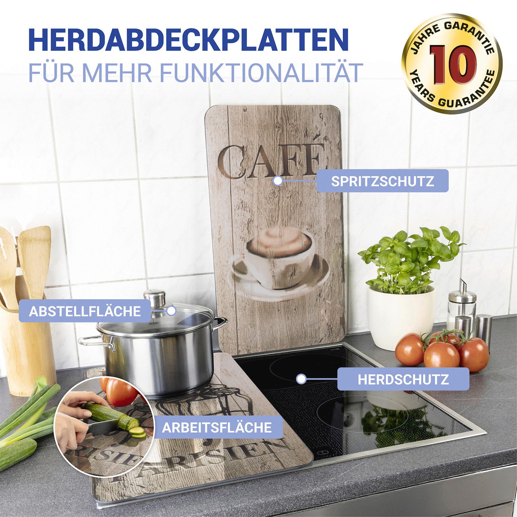 WENKO Herd-Abdeckplatte Universal Modell Bistro, Glas, (Set, 2 tlg), Herdabdeckung für alle Herdarten, kratzfest, mit rutschfesten Füßen