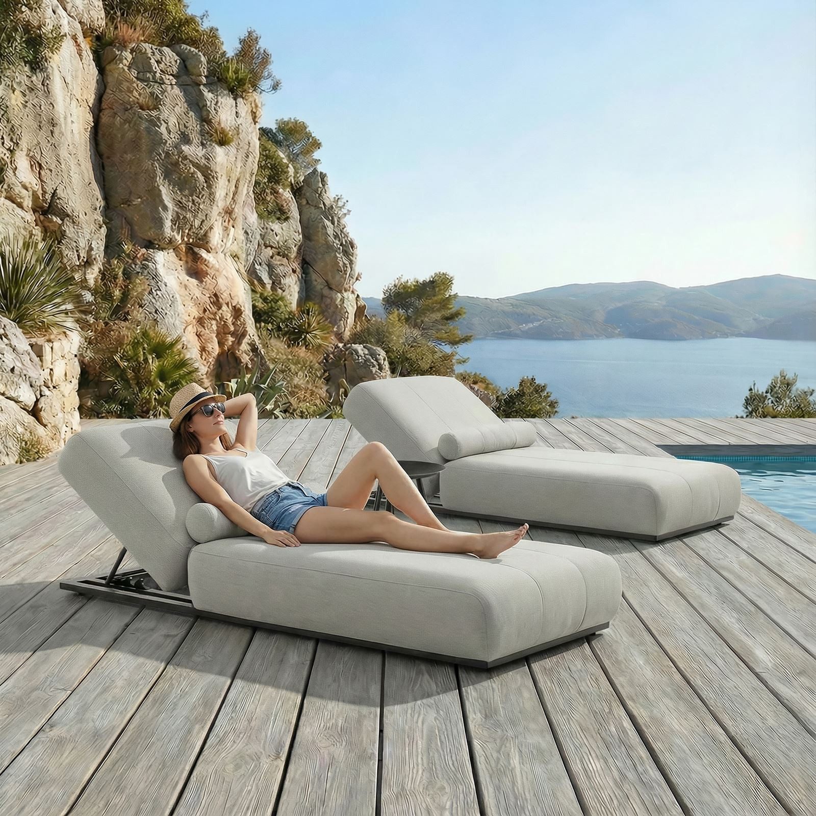 IDIMEX Gartenliege TROPEA, Relaxliege Set mit Beistelltisch wetterfest gepolstert Hellgrau