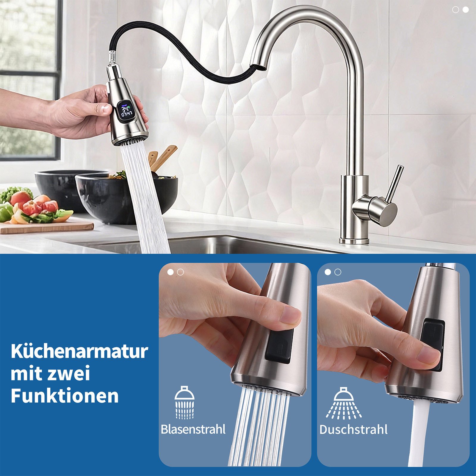 HOMELIVE Spültischarmatur mit brause ausziehbar 360° Küchenarmatur LED Digitalanzeige Hochdruck Wasserhahn Küche, Zweifunktionaler Wasserauslass,Gebürstet – Bild 5 von 5