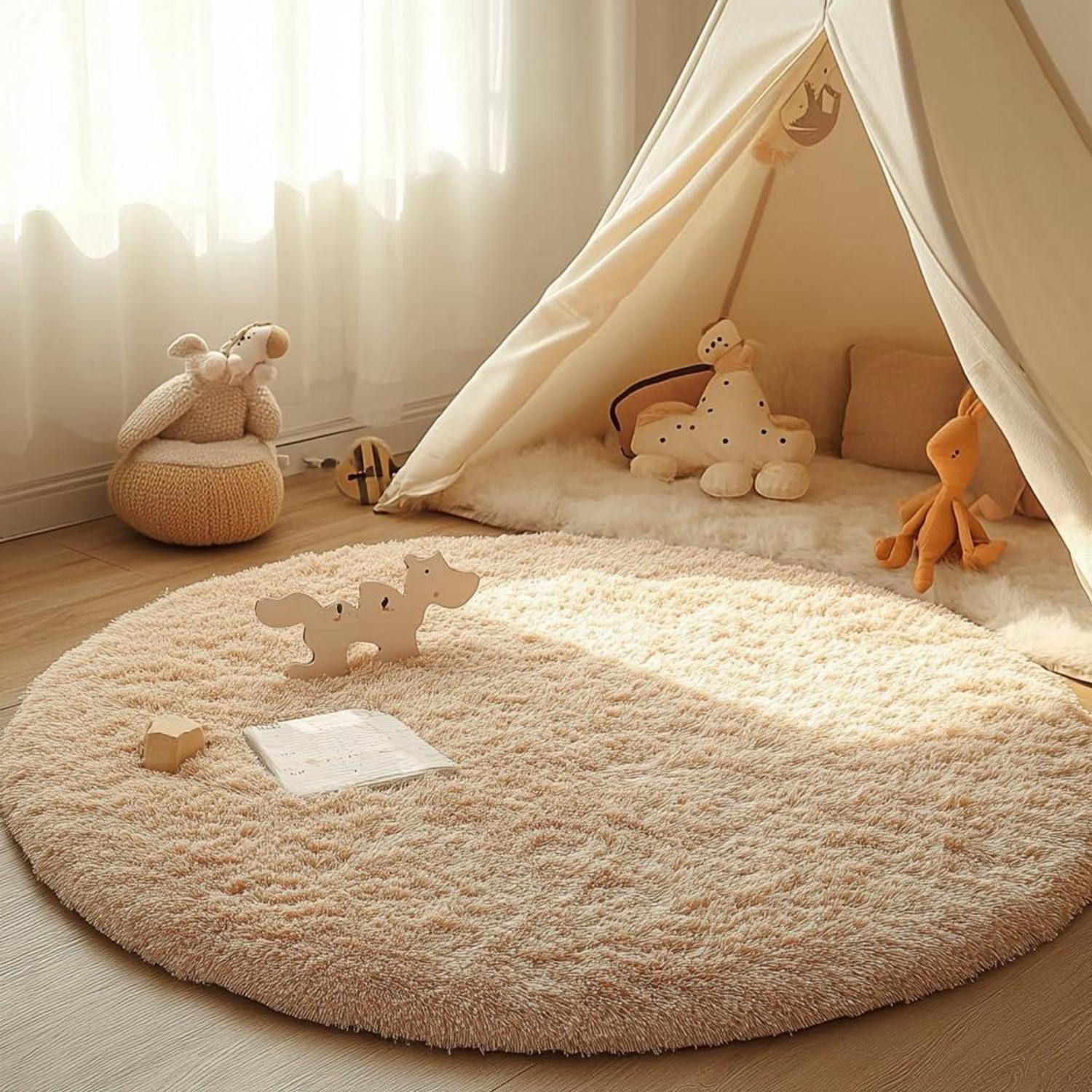 LuxusKollektion Langflor-Teppich Runder Wohnzimmerteppich Khaki 160cm, rund, Höhe: 12 mm