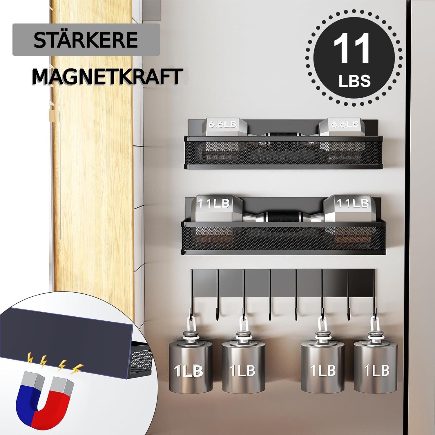ibettertec Gewürzregal Küchenregal Ablageregal Kühlschrankregal Magnetisches Gewürzregal, mit 8 Haken, ohne Bohren, Abnehmbares mobiles Gewürzregal, Geeignet für Kühlschränke, Mikrowellenherde und Waschmaschinen. Reduzierter Preis € 14,99. Unverbindliche Preisempfehlung € 60,99