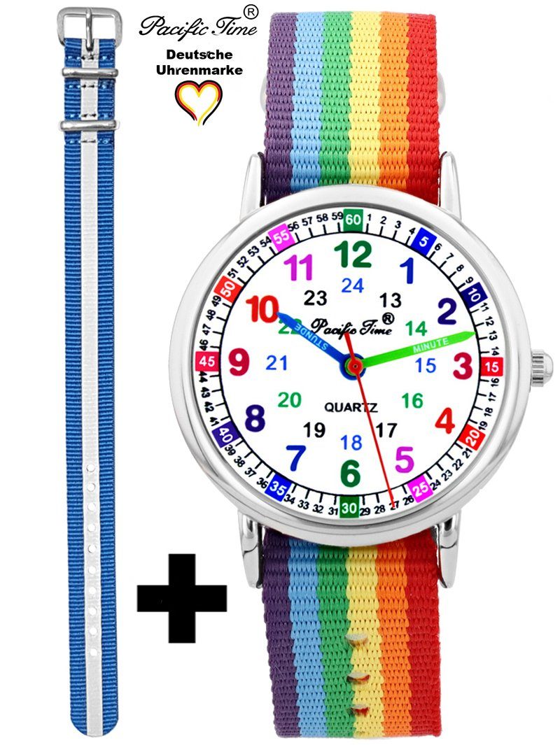 Pacific Time Quarzuhr Set Kinder Armbanduhr Lernuhr Wechselarmband, Mix und Match Design - Gratis Versand Regenbogen und Reflektor blau