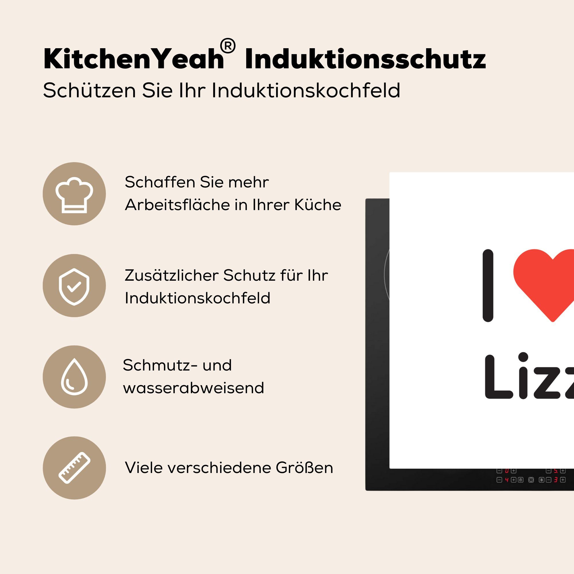 - Lizz MuchoWow küche Ich - cm, tlg), für Arbeitsplatte Herdblende-/Abdeckplatte liebe Vinyl, (1 Ceranfeldabdeckung, 78x78 Girl,