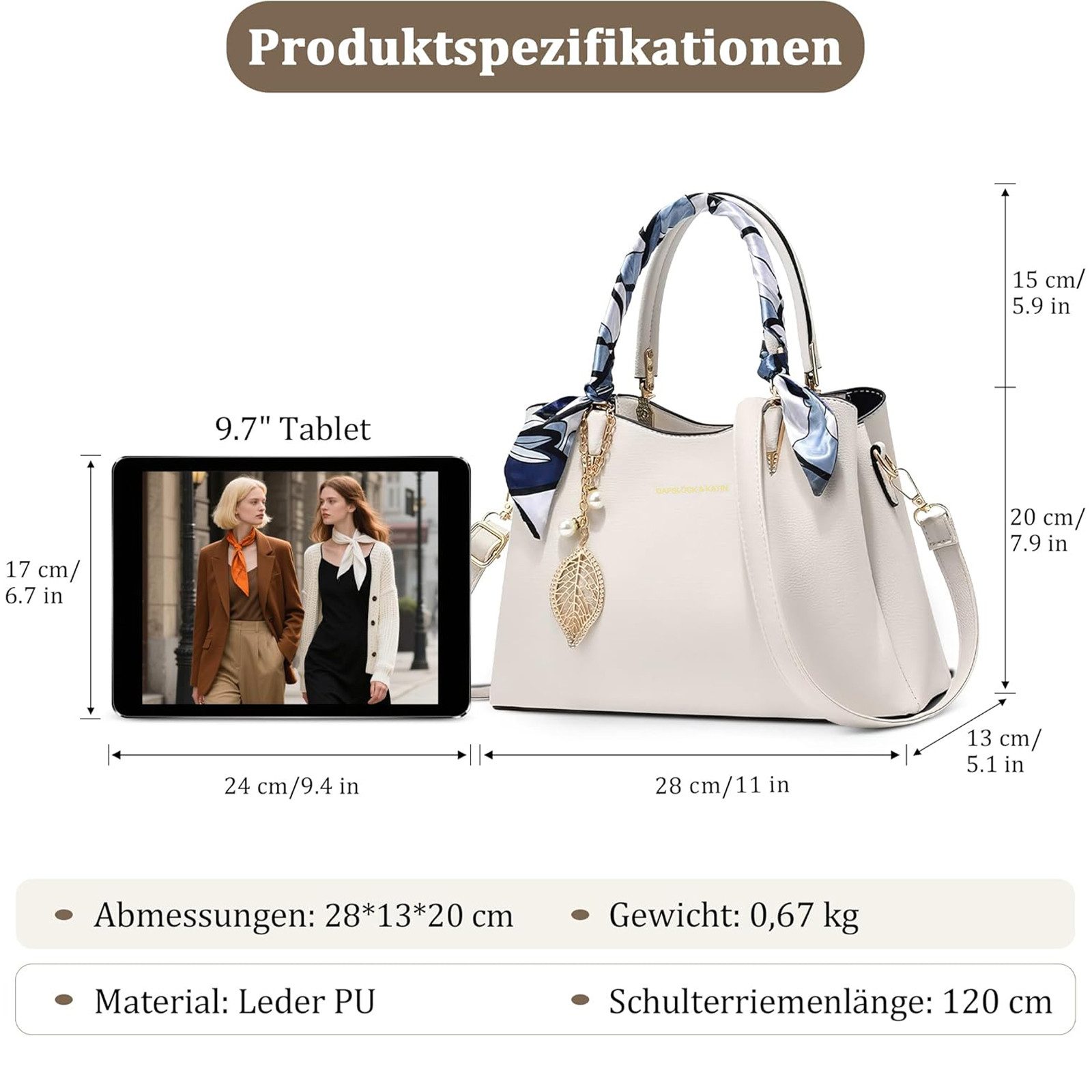 OKWISH Henkeltasche Damen-Handtasche Umhängetasche Tragetasche Aktentasche Tasche Damen (abnehmbarer Schulterriemen vielseitig tragbar Alltags Business-Tasche, 1-tlg., Drei Hauptfächer Reißverschluss- und Handyfach), für Alltag Reisen Partys Büro oder besondere Anlässe kombinierbar