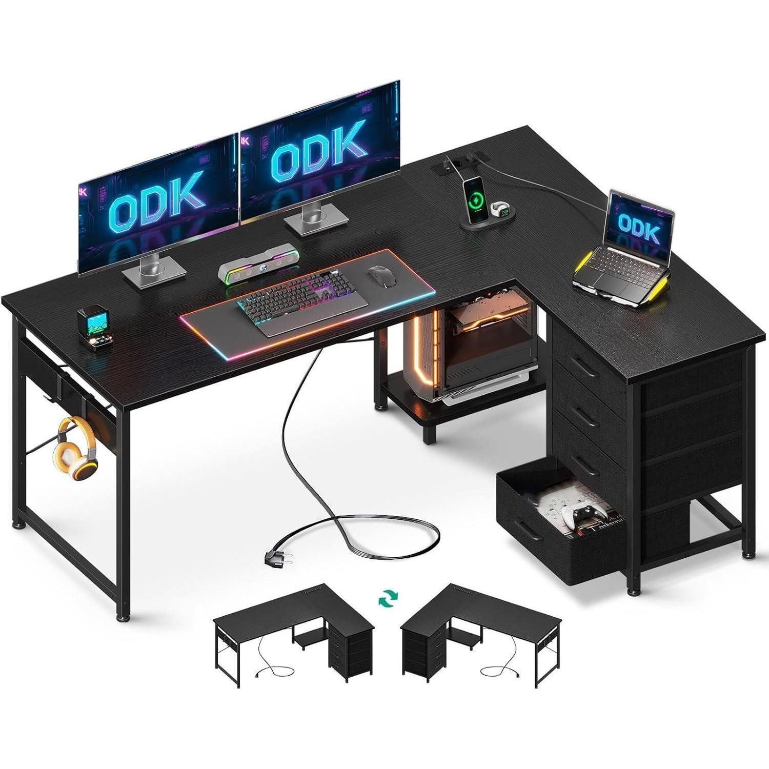 LuxusKollektion Eckschreibtisch Eckschreibtisch L-Form Schwarz mit Schubladen und Steckdosen 135x100cm