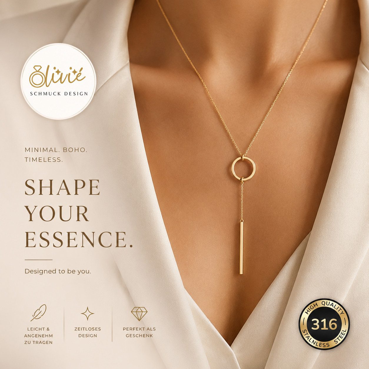 XCOAST Edelstahlkette Elegante Damen Glow Gold Halskette (y halskette damen 38mm, vergoldete Luxus Damenkette mit Stab Anhänger), langlebiger Schmuck, rostfrei, Schmuck Geschenk Damen