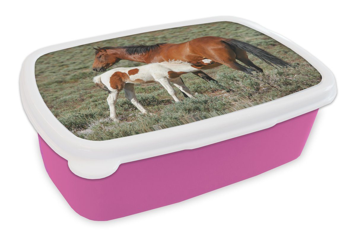 MuchoWow Lunchbox Pferde - Fohlen - Blumen, Kunststoff, (2-tlg), Brotbox für Erwachsene, Brotdose Kinder, Snackbox, Mädchen, Kunststoff rosa