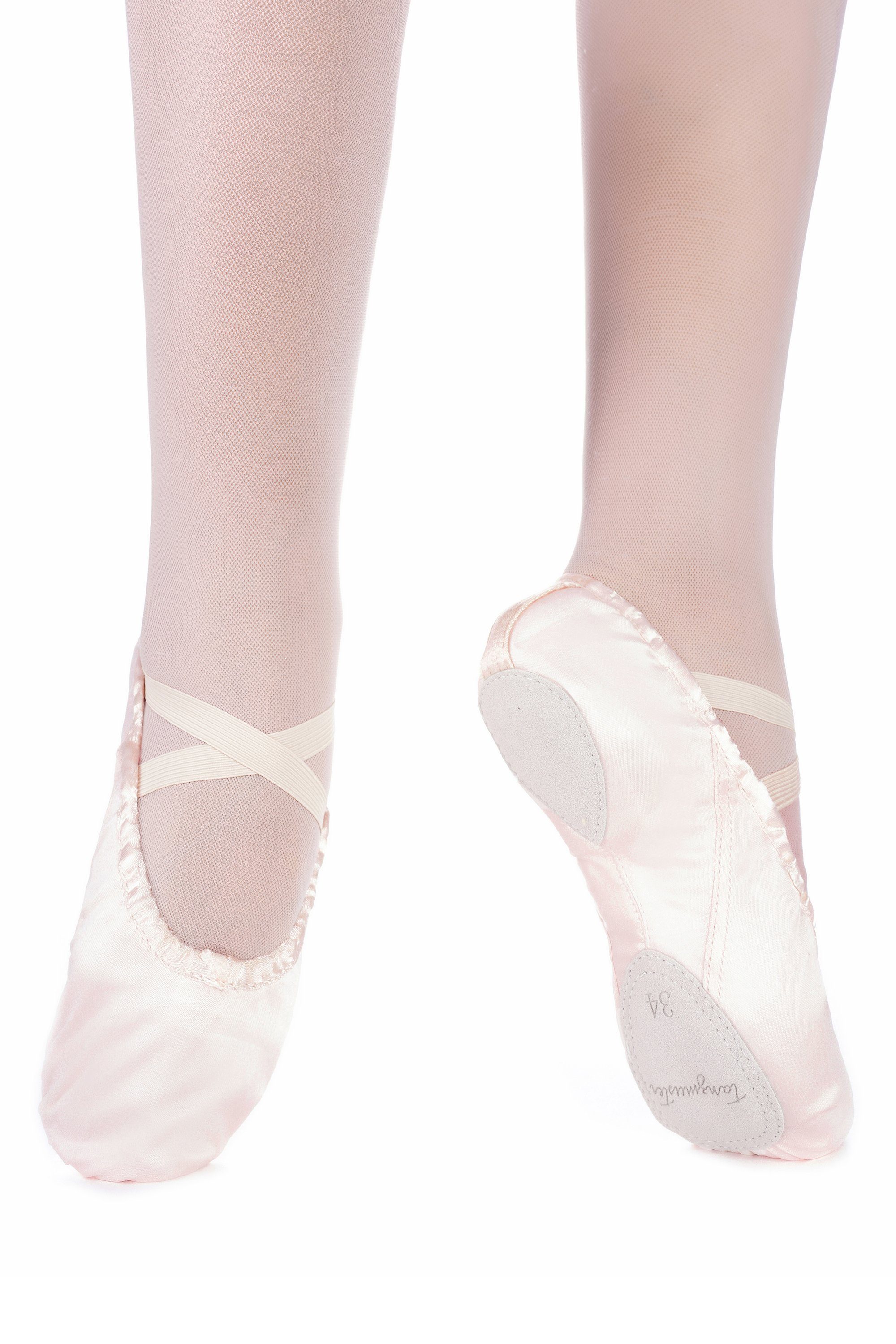 tanzmuster Ballettschuhe Sammy aus Ballettschläppchen mit Ledersohle für Mädchen geteilter Satin rosa Tanzschuh