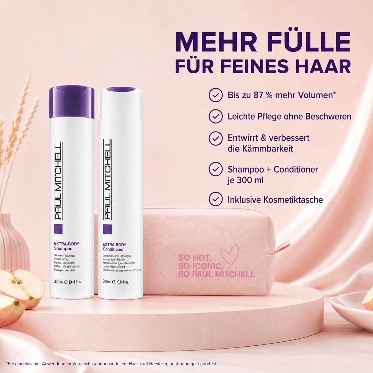 PAUL MITCHELL Haarpflege-Set Extra-Body Duo mit Kosmetiktasche – Shampoo & Conditioner, 3-tlg., Mehr Fülle für feines Haar