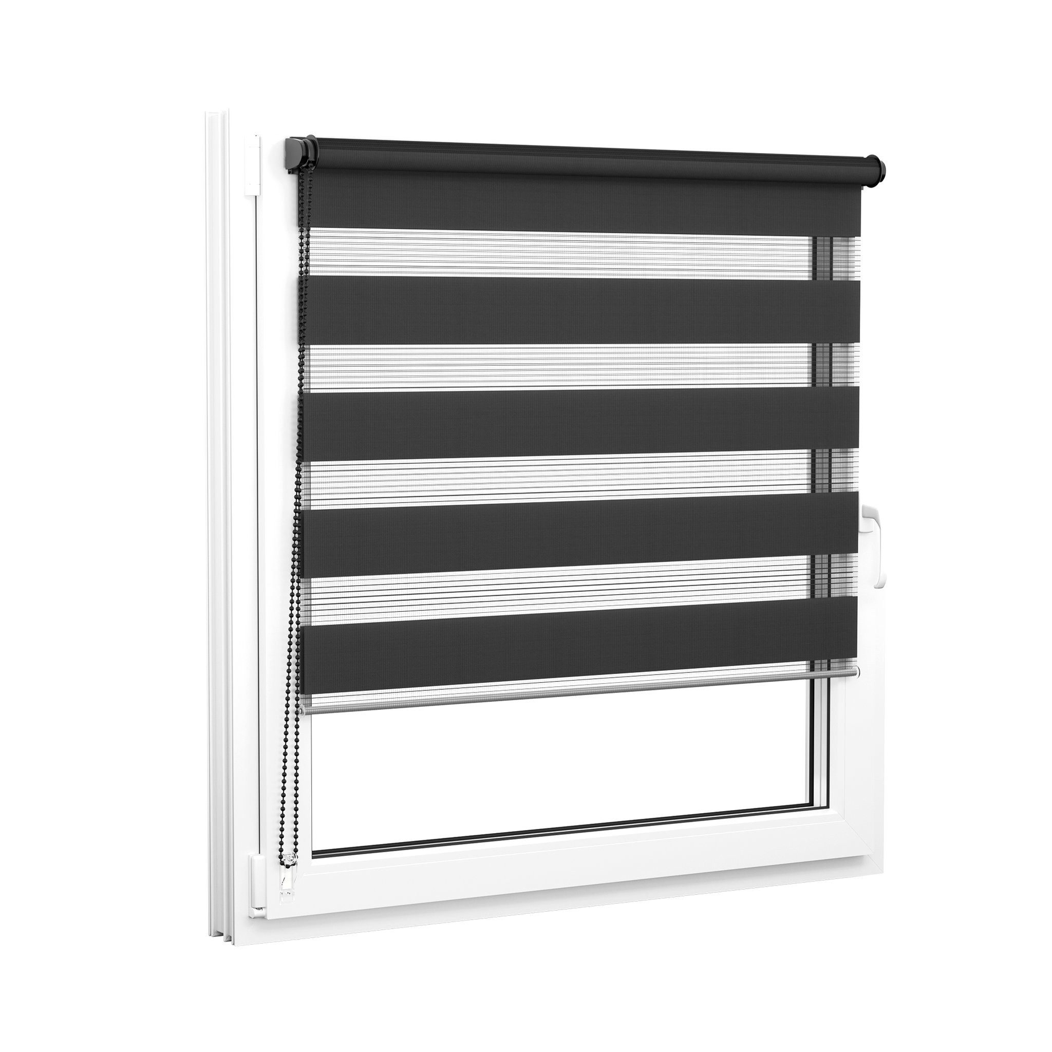 Doppelrollo 32,5 x 120 cm, schwarz [Stoffbreite 29,1 cm], jalousiescout, blickdicht, mit Bohren/ohne Bohren, freihängend, Klemmen, Kleben und Schrauben OHNE Aufpreis, Lichtdurchlässig, Klemmträger, Feuchtraumgeeignet