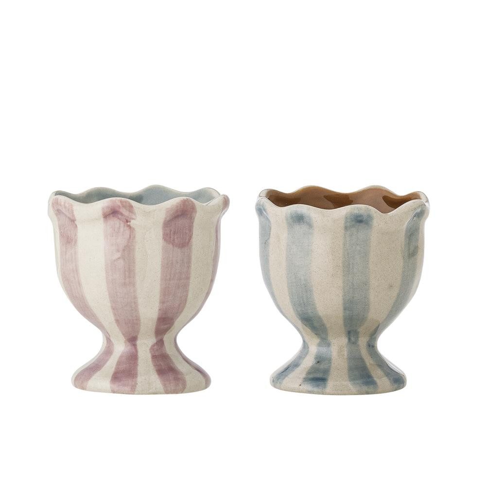 Bloomingville Eierbecher Willa Bunt, Steingut, 2er Set, dänisches Design, Frühstücksset, Gewellter Rand, Handbemalt, Streifendekor, Unikat