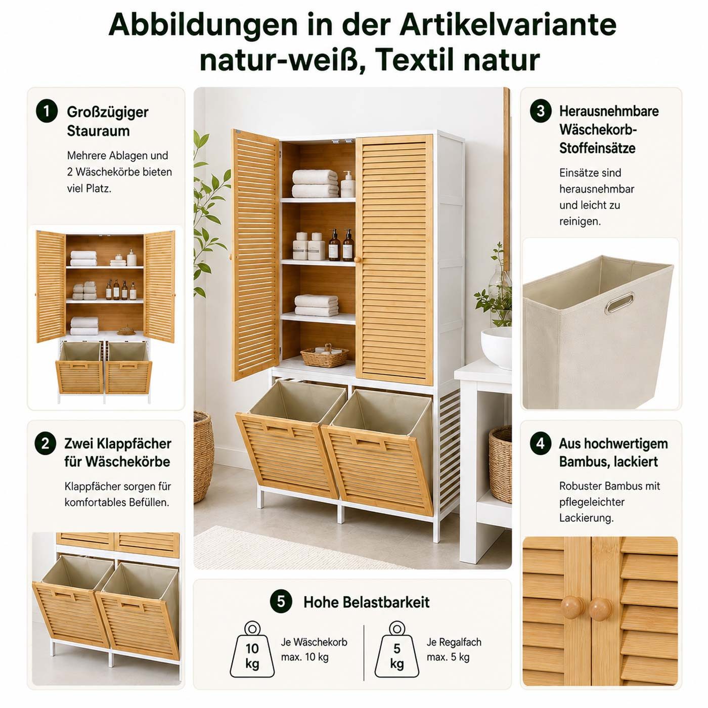 MCW Hochschrank MCW-N83-T Mit Ablagefächern und zwei Wäschekörben – Bild 4 von 5