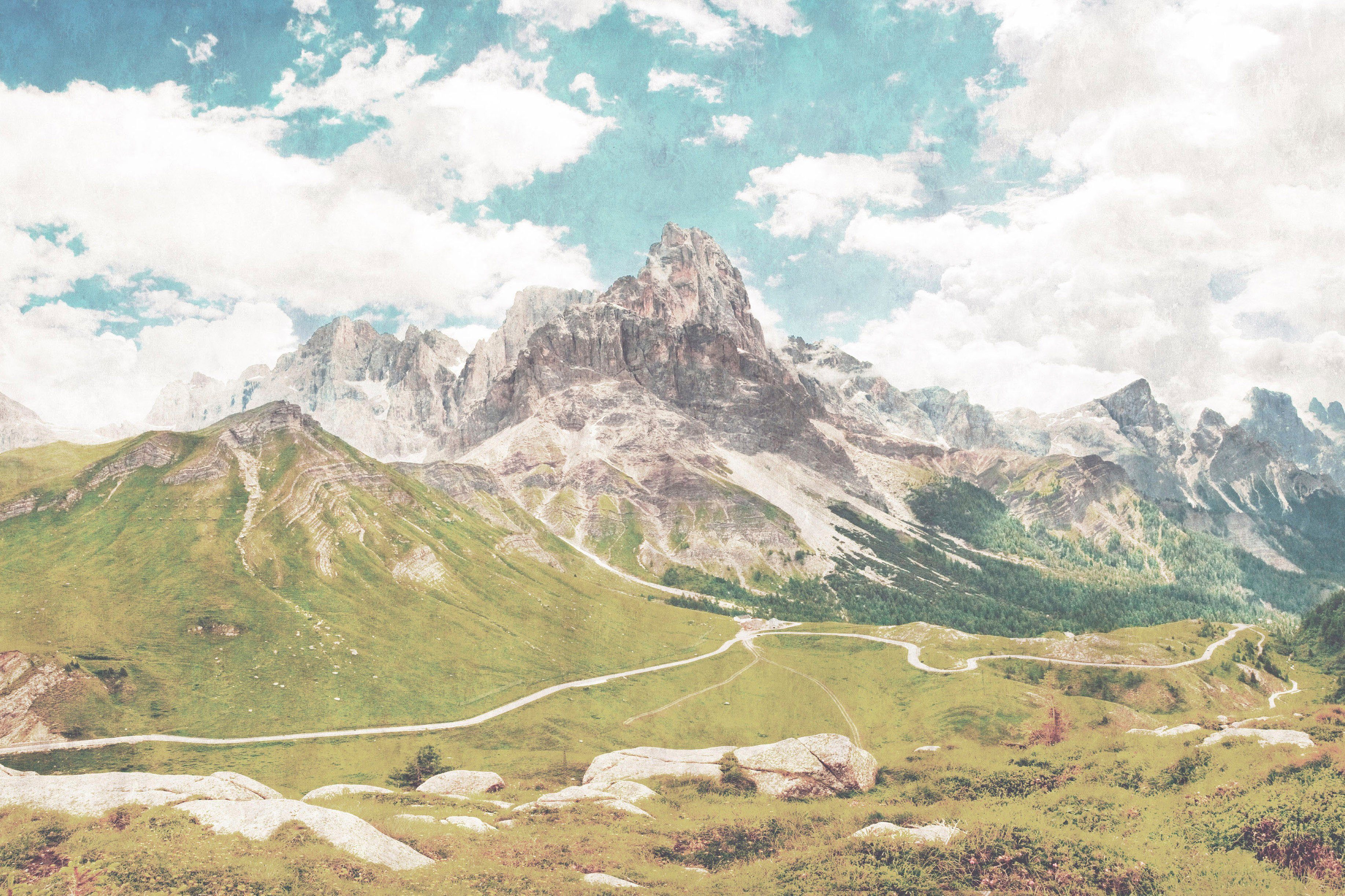 A.S. Création Leinwandbild Berge grün, Berge dolomiti, Landschaft blau Bild St), (1 grau, Keilrahmen