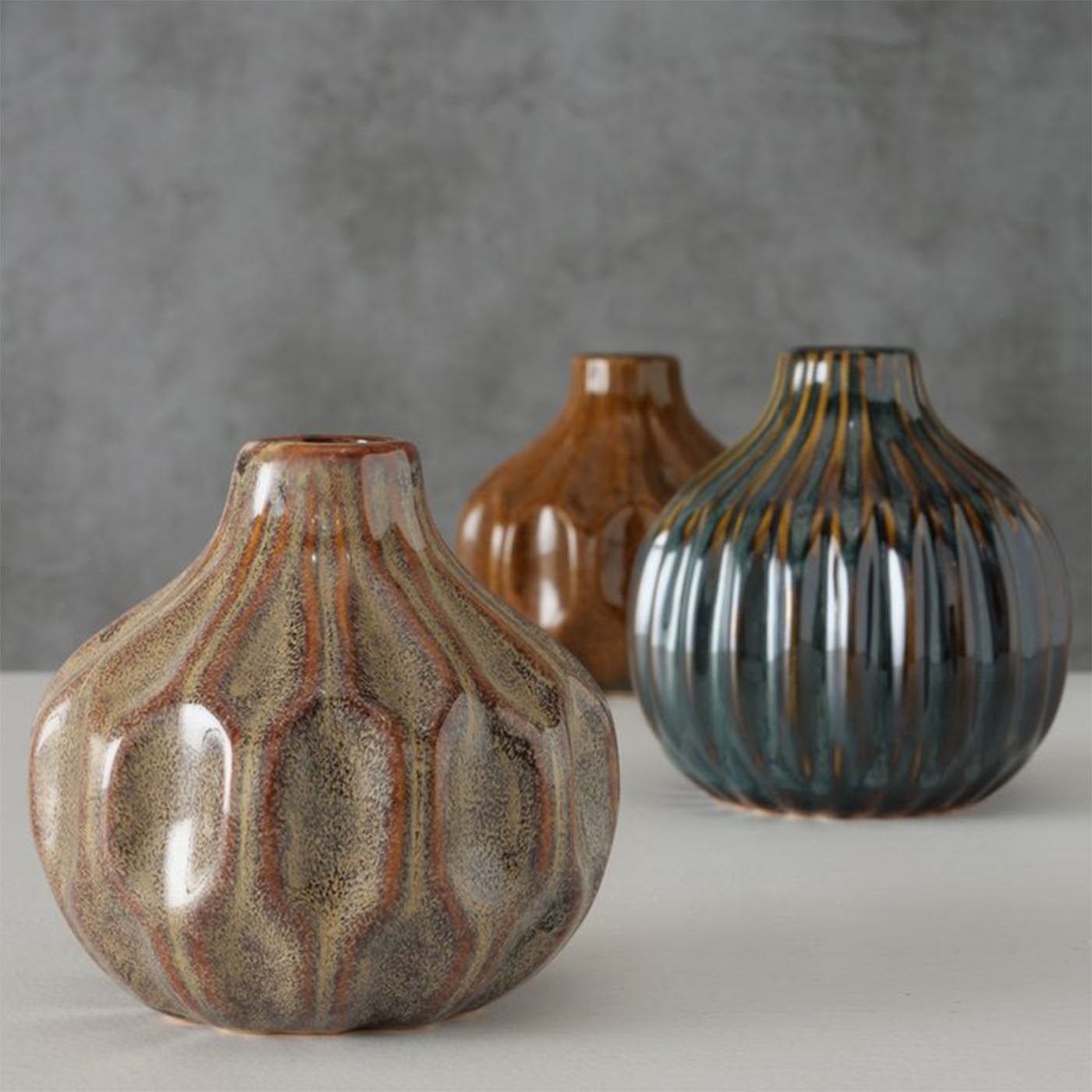 BOLTZE Look im Keramik 3er Shabby Dekovase Chic Braun Blumenvase Set aus im Vase